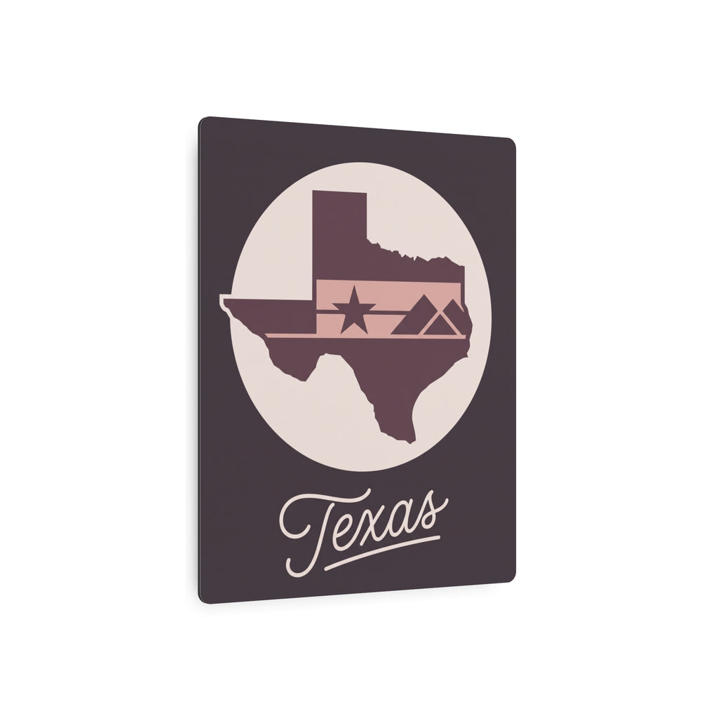 Mauve square metal wall art showing Texas silhouette and star inside a circle with “Texas” text