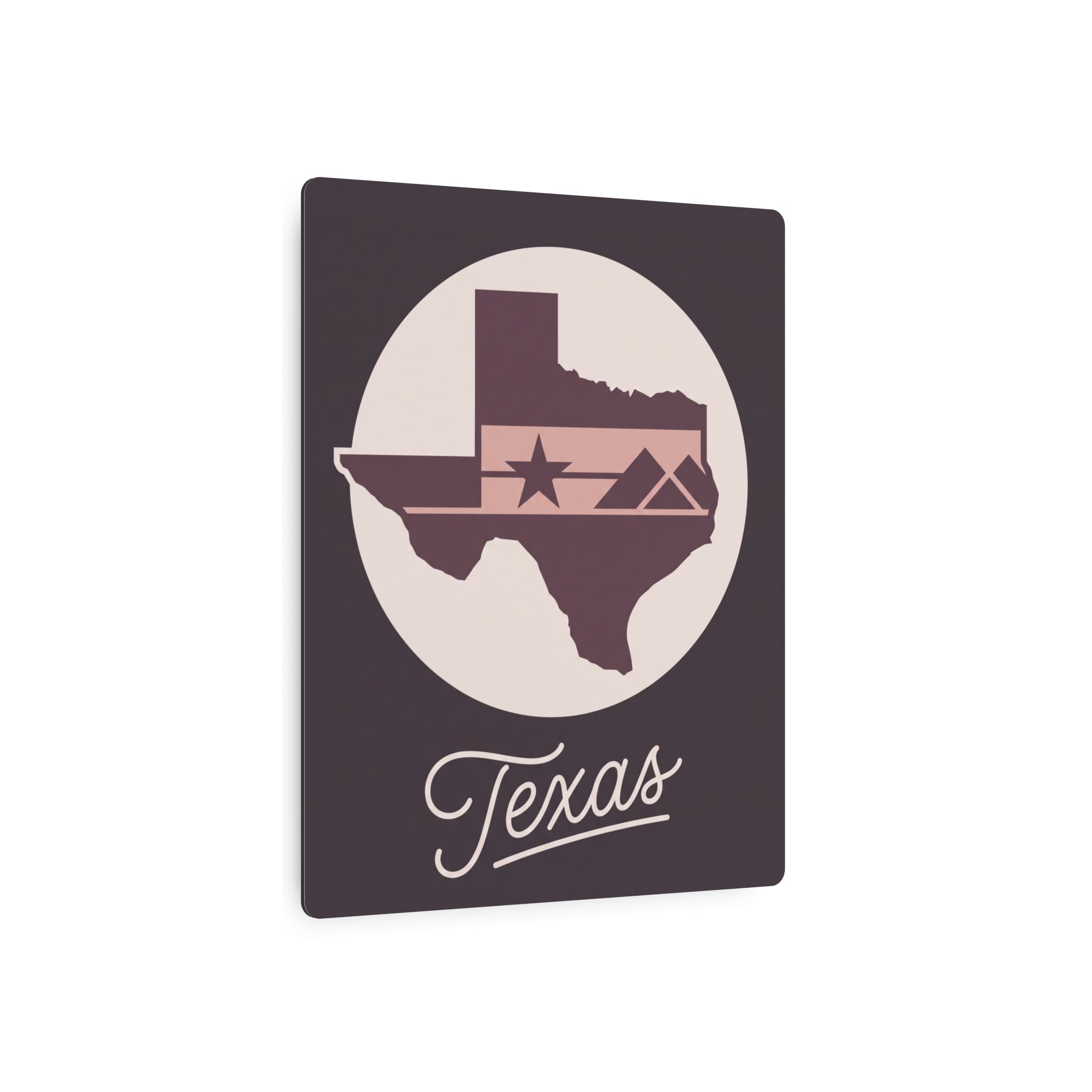 Mauve square metal wall art showing Texas silhouette and star inside a circle with “Texas” text