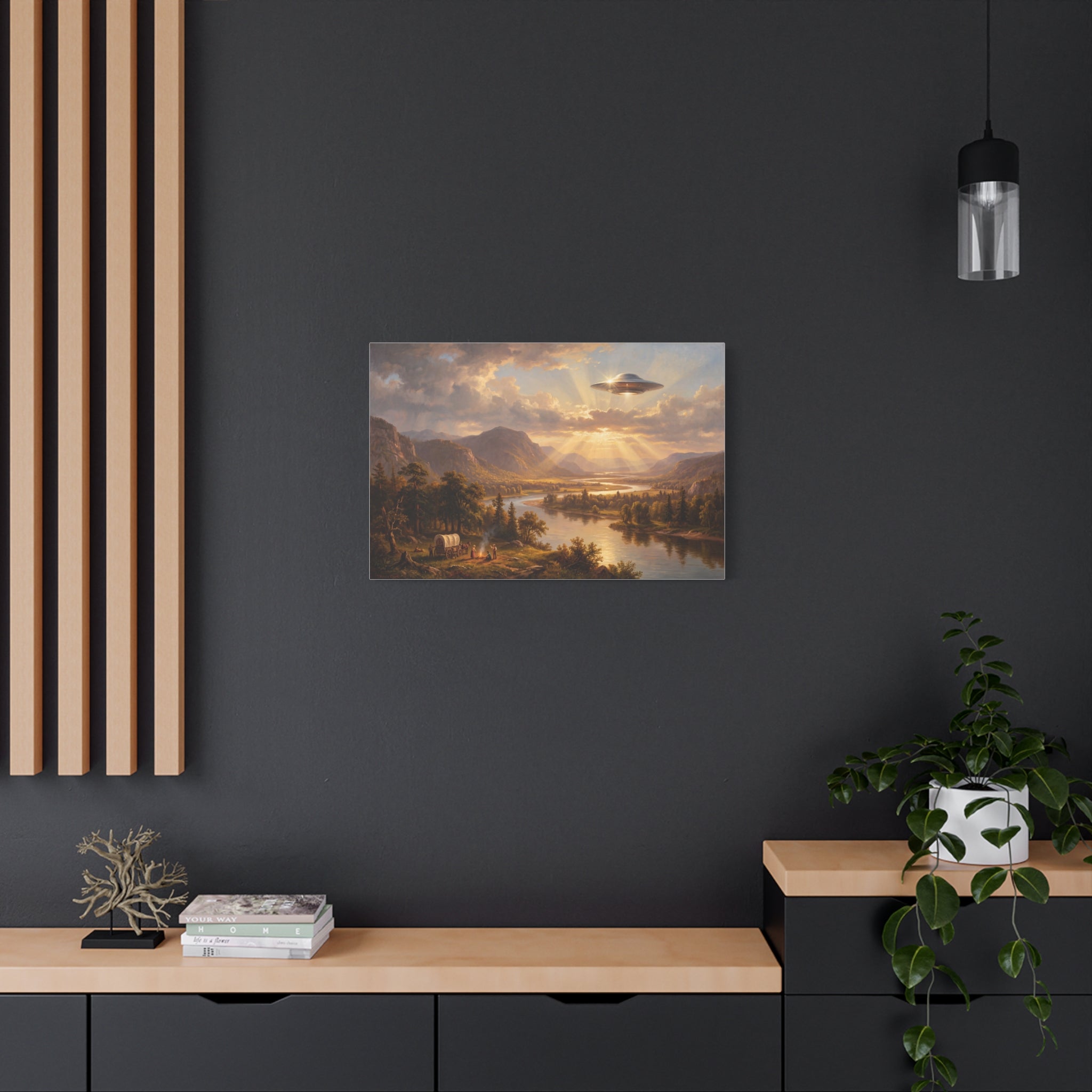 Rectangular canvas artwork depicting a winding river through hills under sunset light.