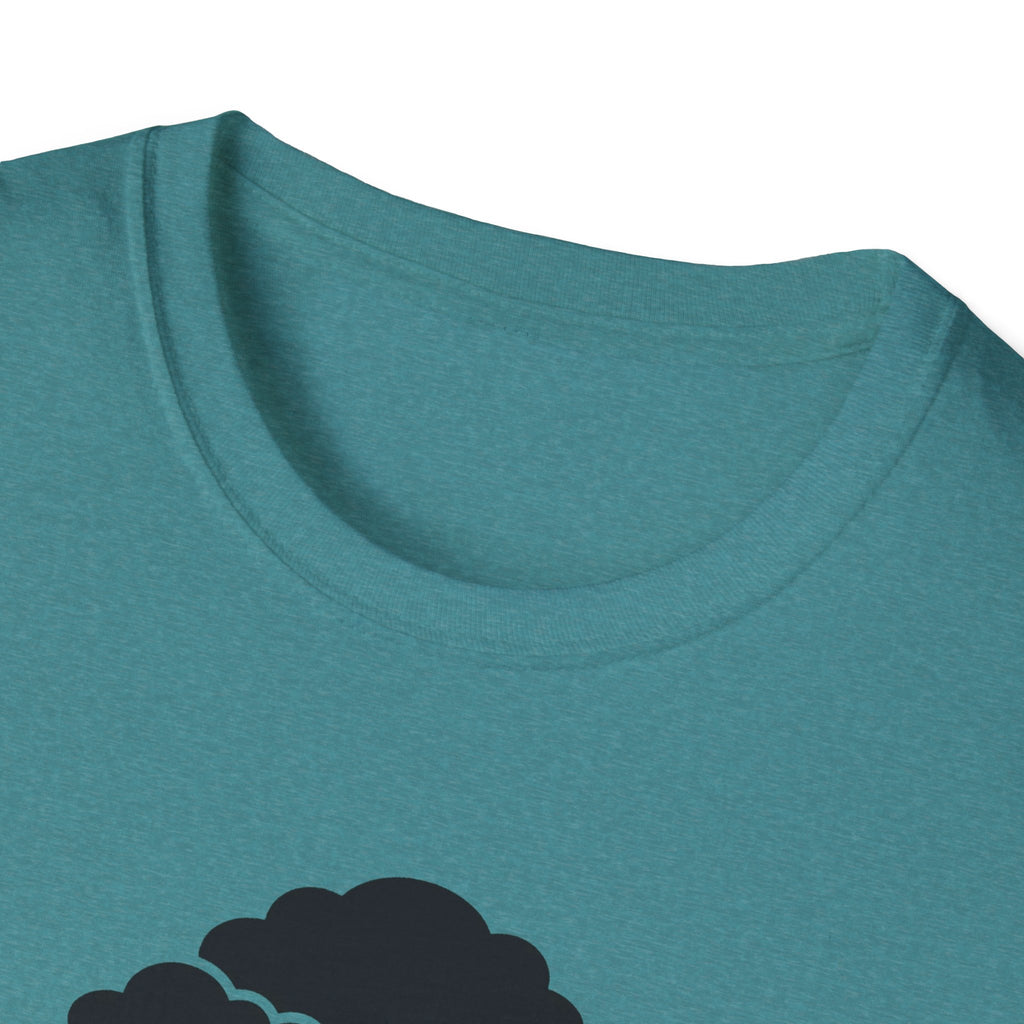 T-shirt neckline and shoulder in teal, no visible front graphic