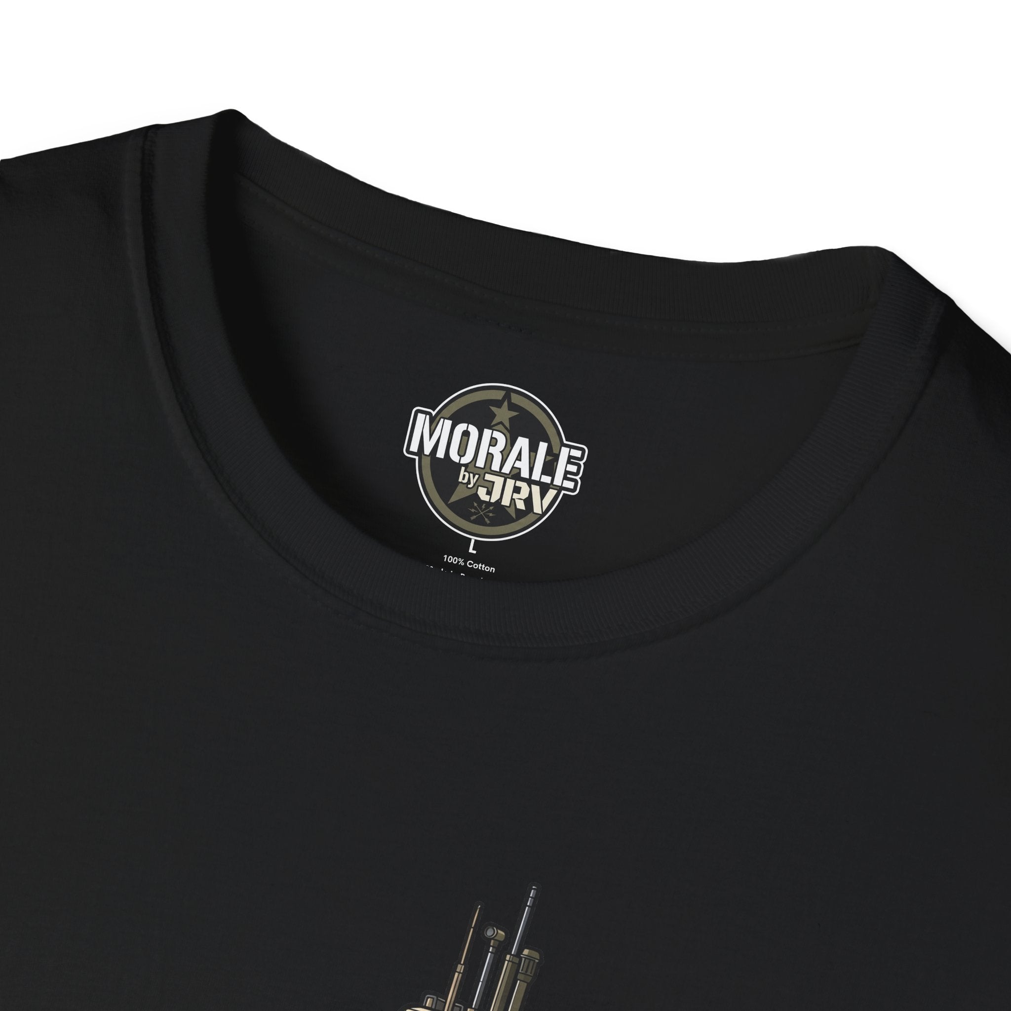 Black T-shirt with circular “Morale by DRV” logo at the neckline