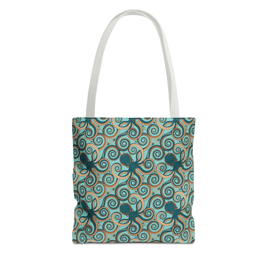Teal tote bag with all-over octopus swirl pattern and light handles