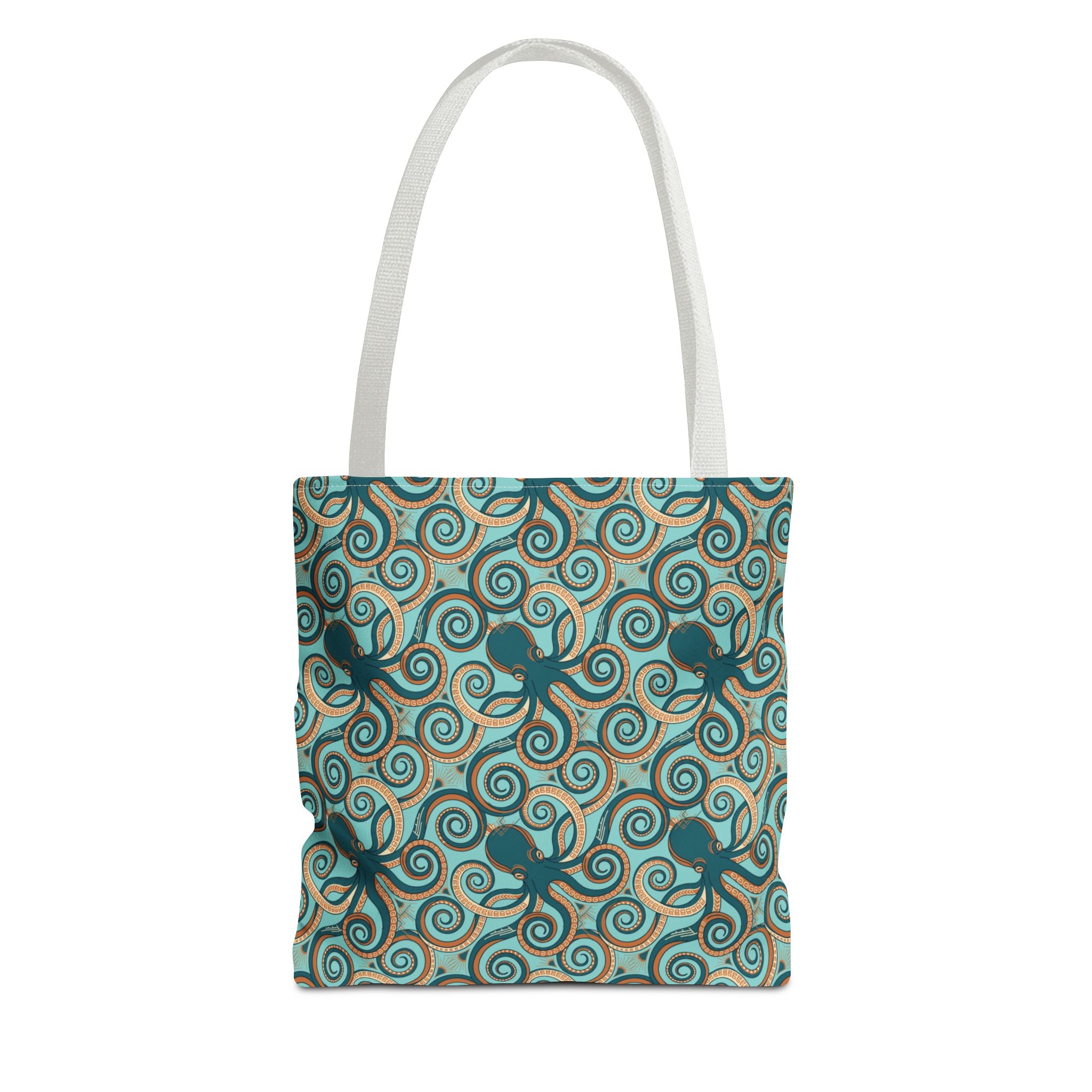 Teal tote bag with all-over octopus swirl pattern and light handles