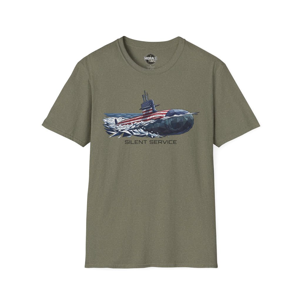Silent Service T-shirt, heather military green, submarine flag graphic on the chest