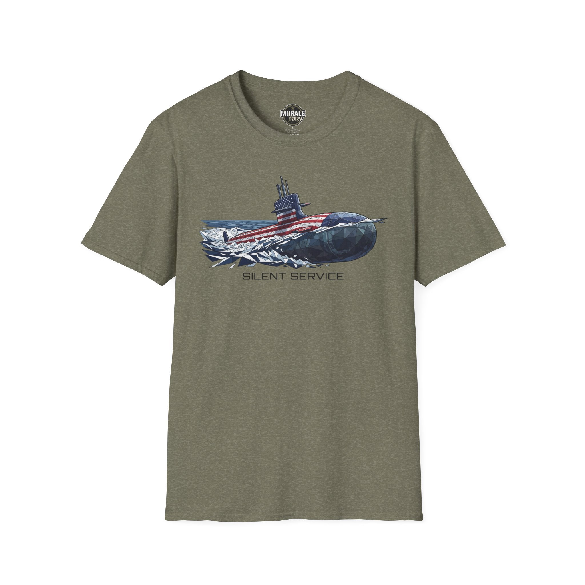 Silent Service T-shirt, heather military green, submarine flag graphic on the chest