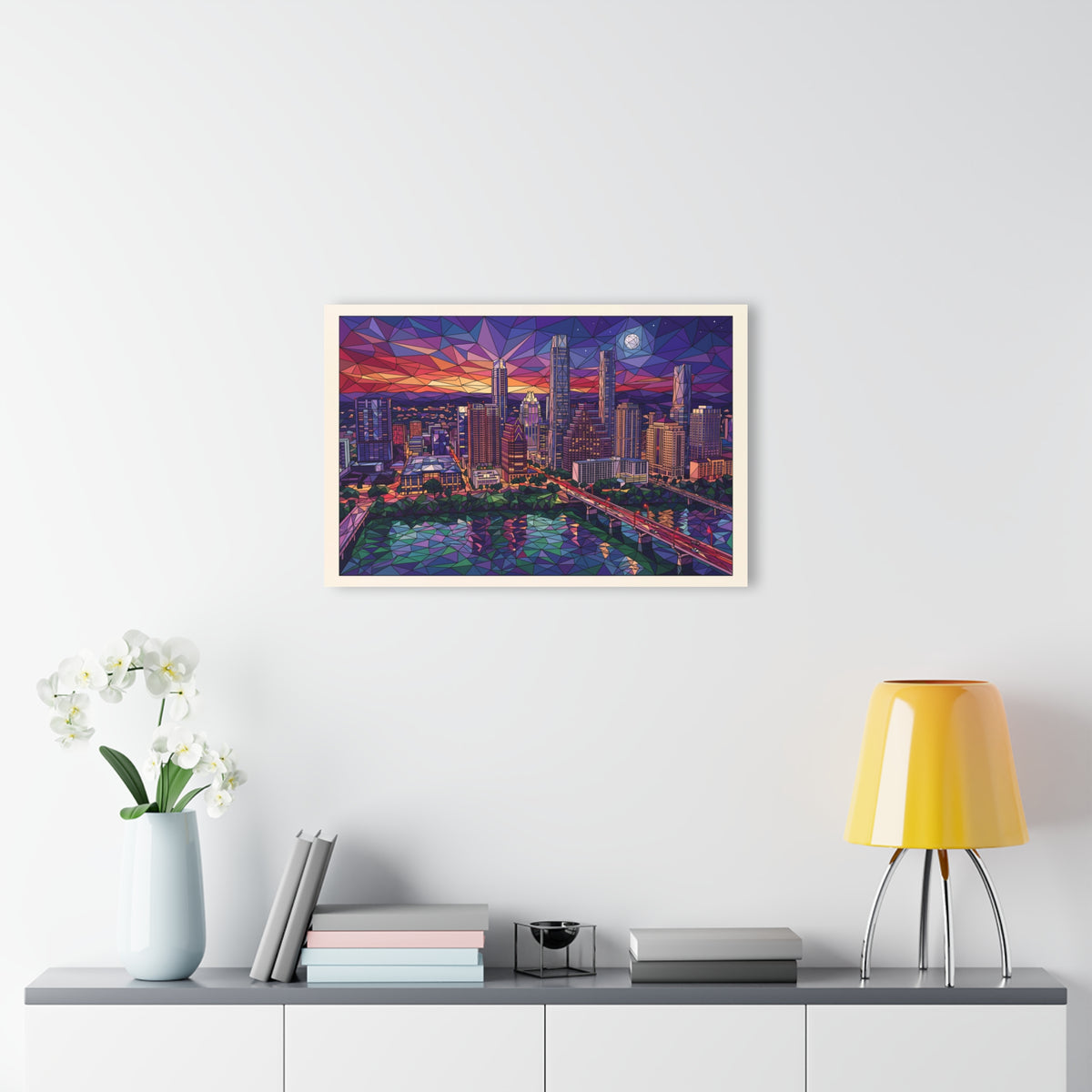 Framed acrylic skyline wall art on wall with multicolor geometric cityscape