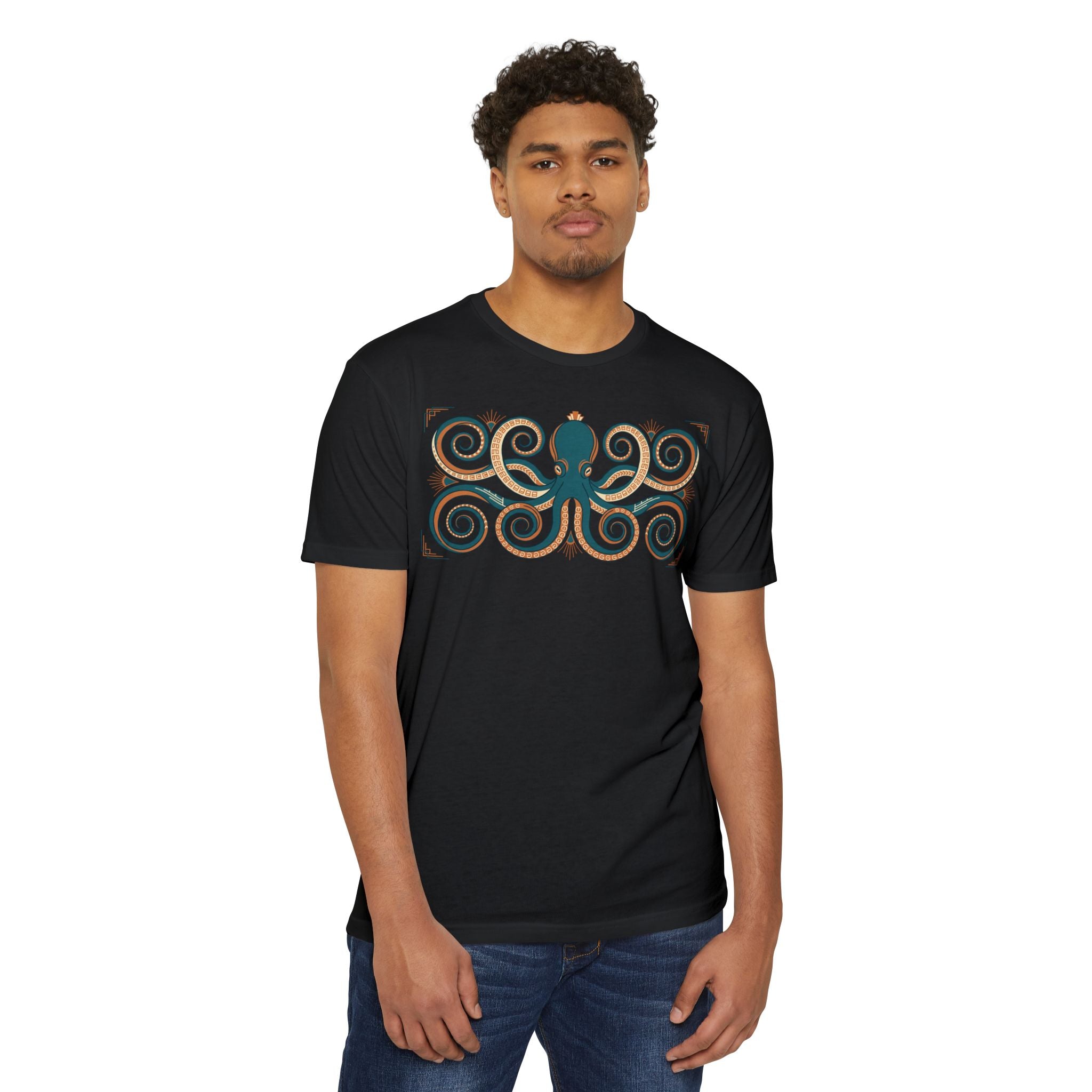 Unisex octopus graphic T-shirt, black with teal and gold octopus front design.