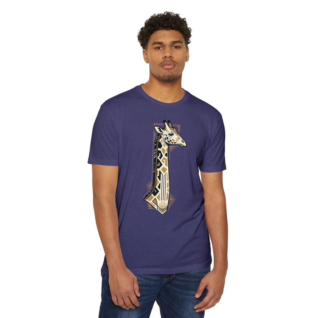 Purple crewneck t-shirt with vertical giraffe graphic on front.