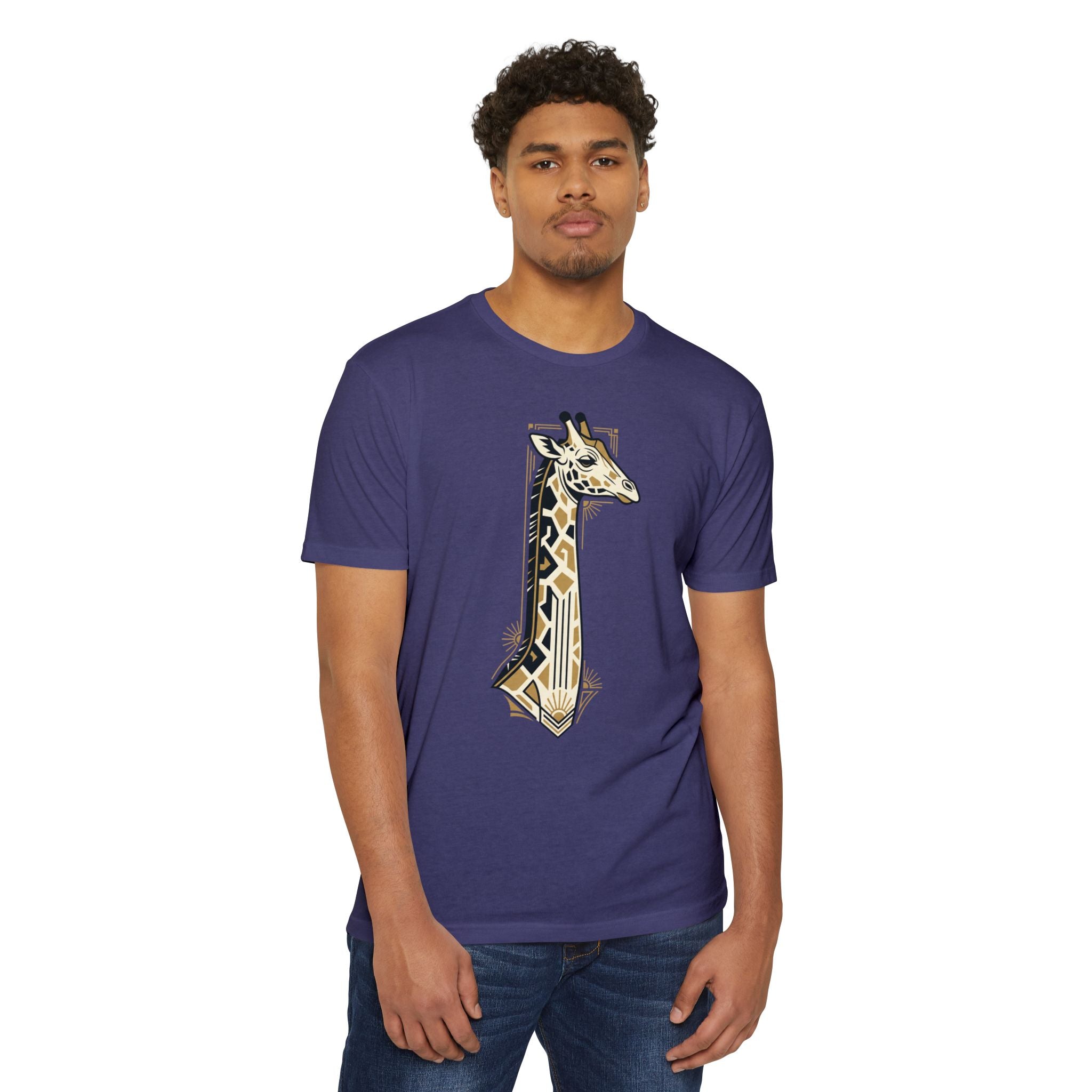 Purple crewneck t-shirt with vertical giraffe graphic on front.