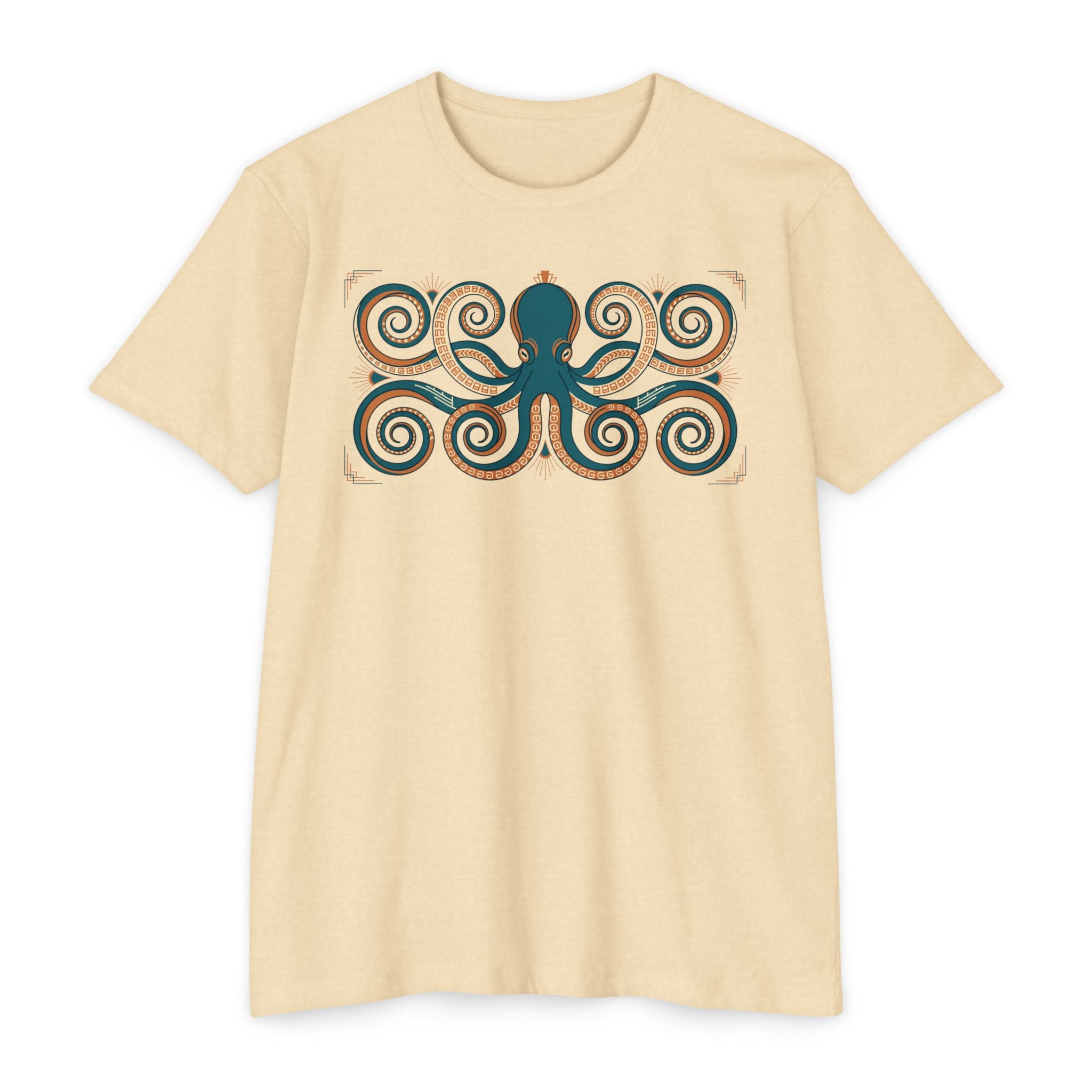Octopus graphic T-shirt, cream, front view with teal octopus swirl print
