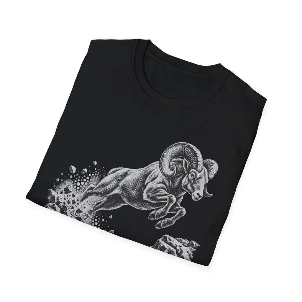 Black crewneck t-shirt with monochrome bighorn sheep graphic on the front