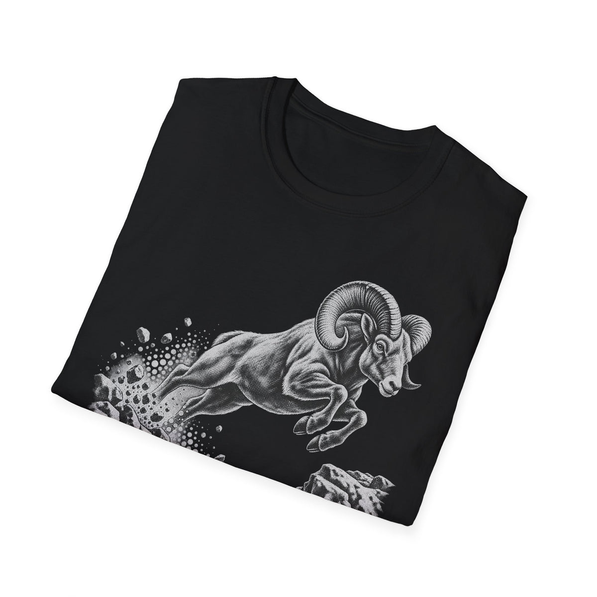 Black crewneck t-shirt with monochrome bighorn sheep graphic on the front