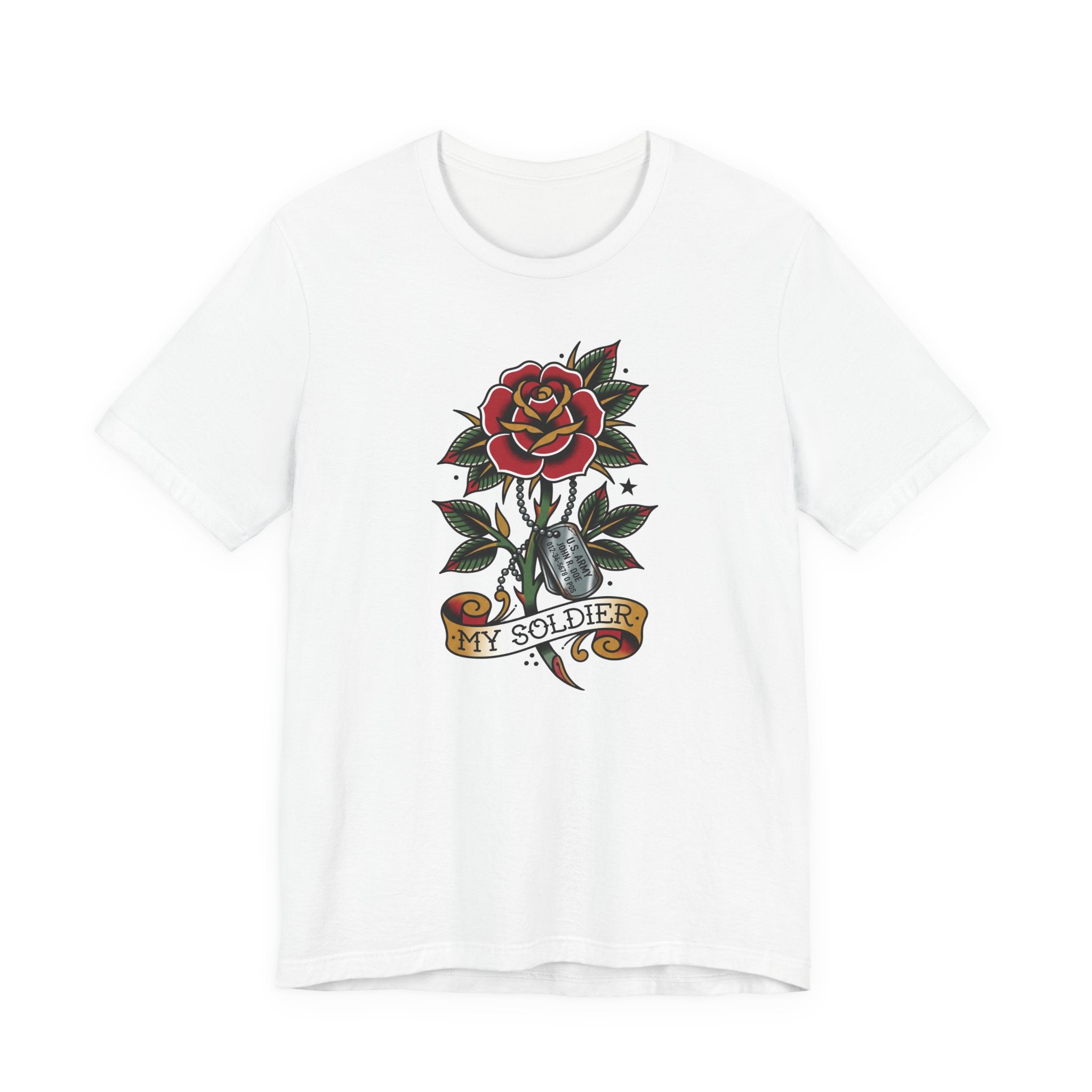 White crewneck t-shirt with rose and dog tag graphic, My Soldier emblem.