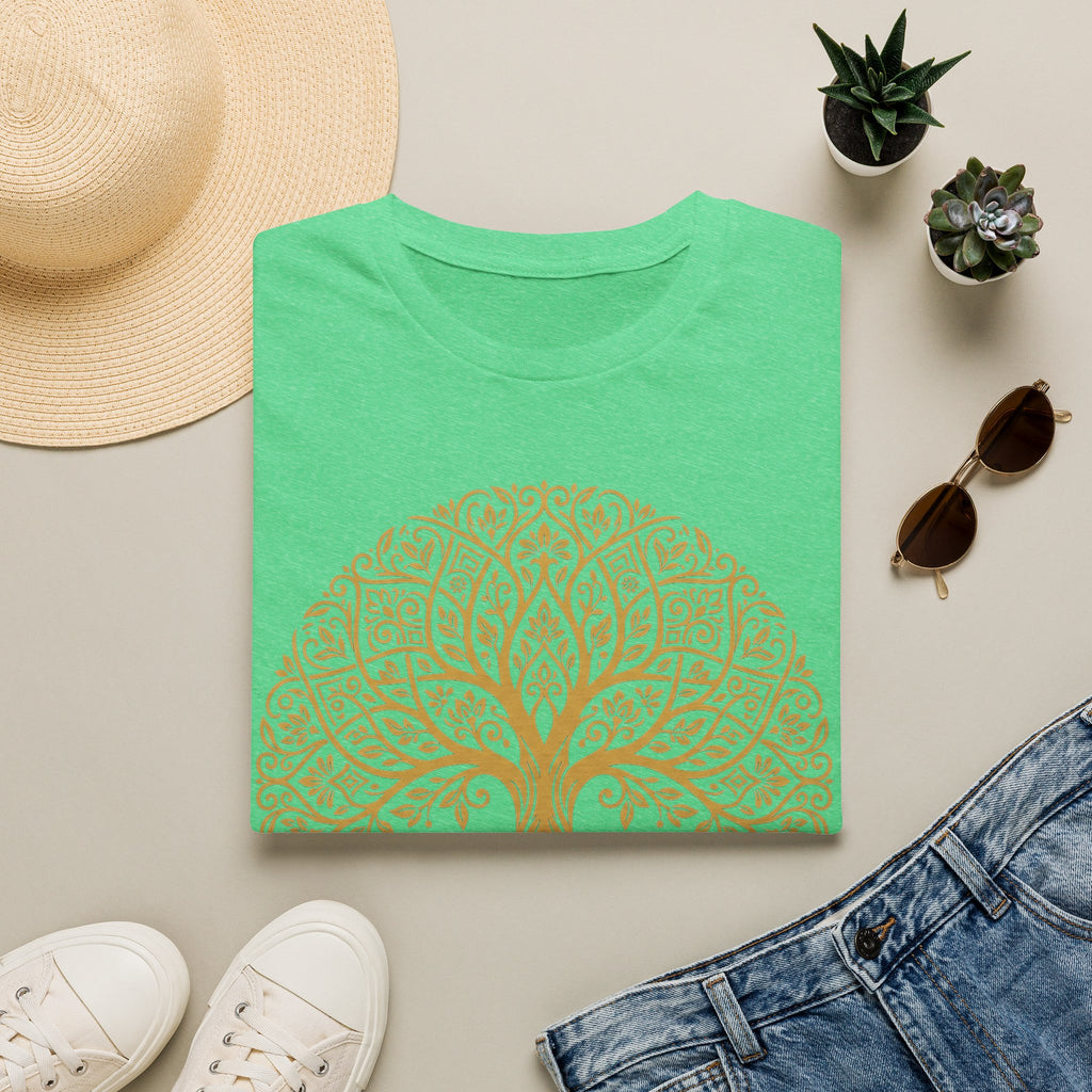 Bright green t-shirt with colorful Celtic tree of life mandala graphic on the chest