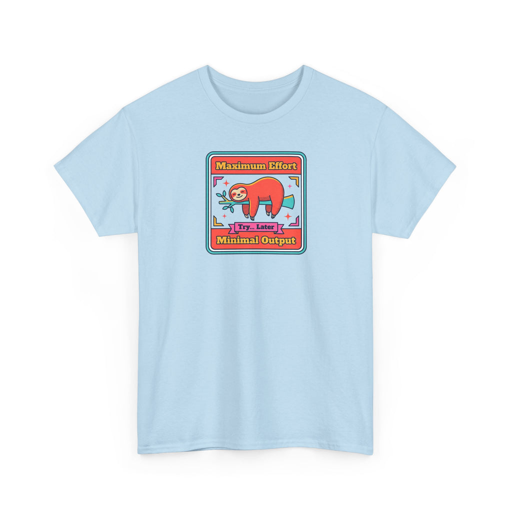 Light blue crewneck T-shirt with sloth graphic patch