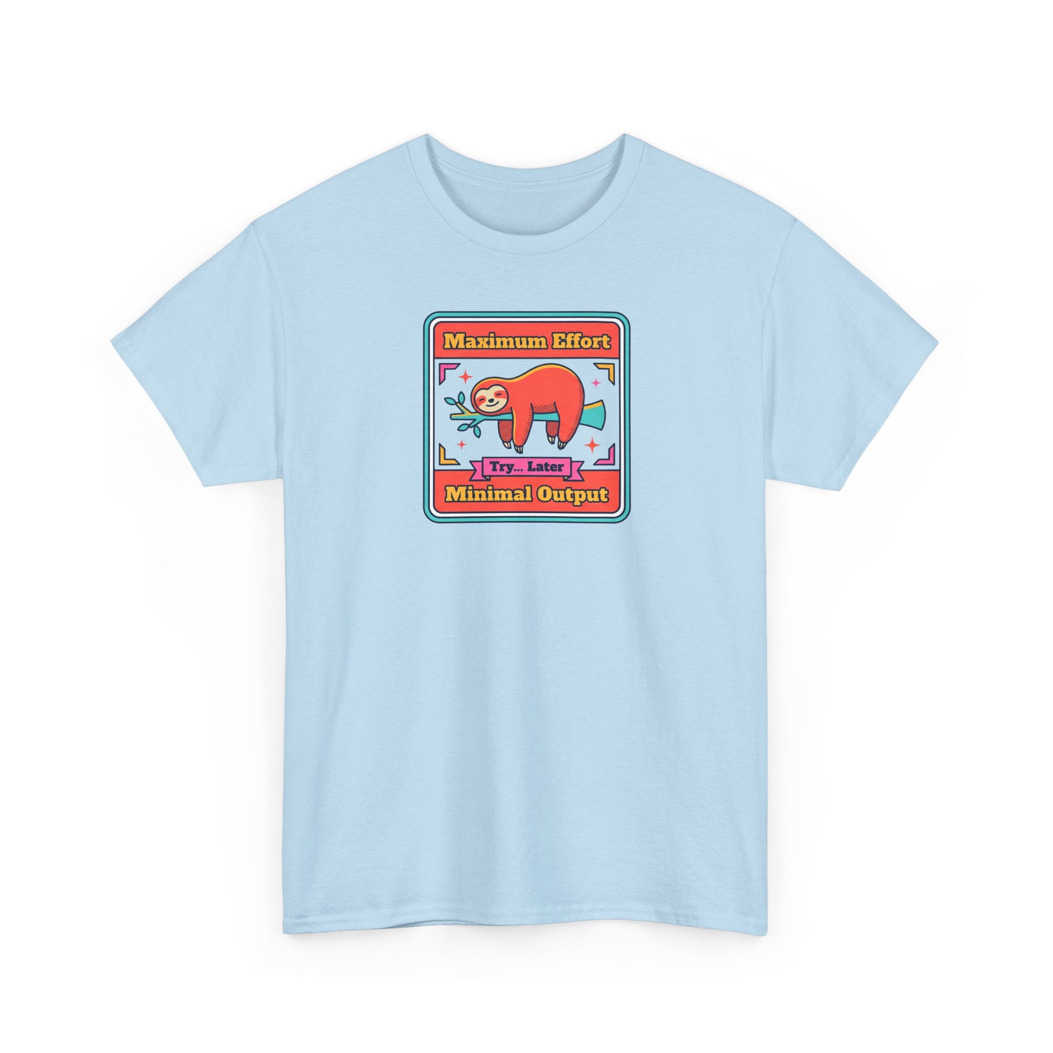 Light blue crewneck T-shirt with sloth graphic patch