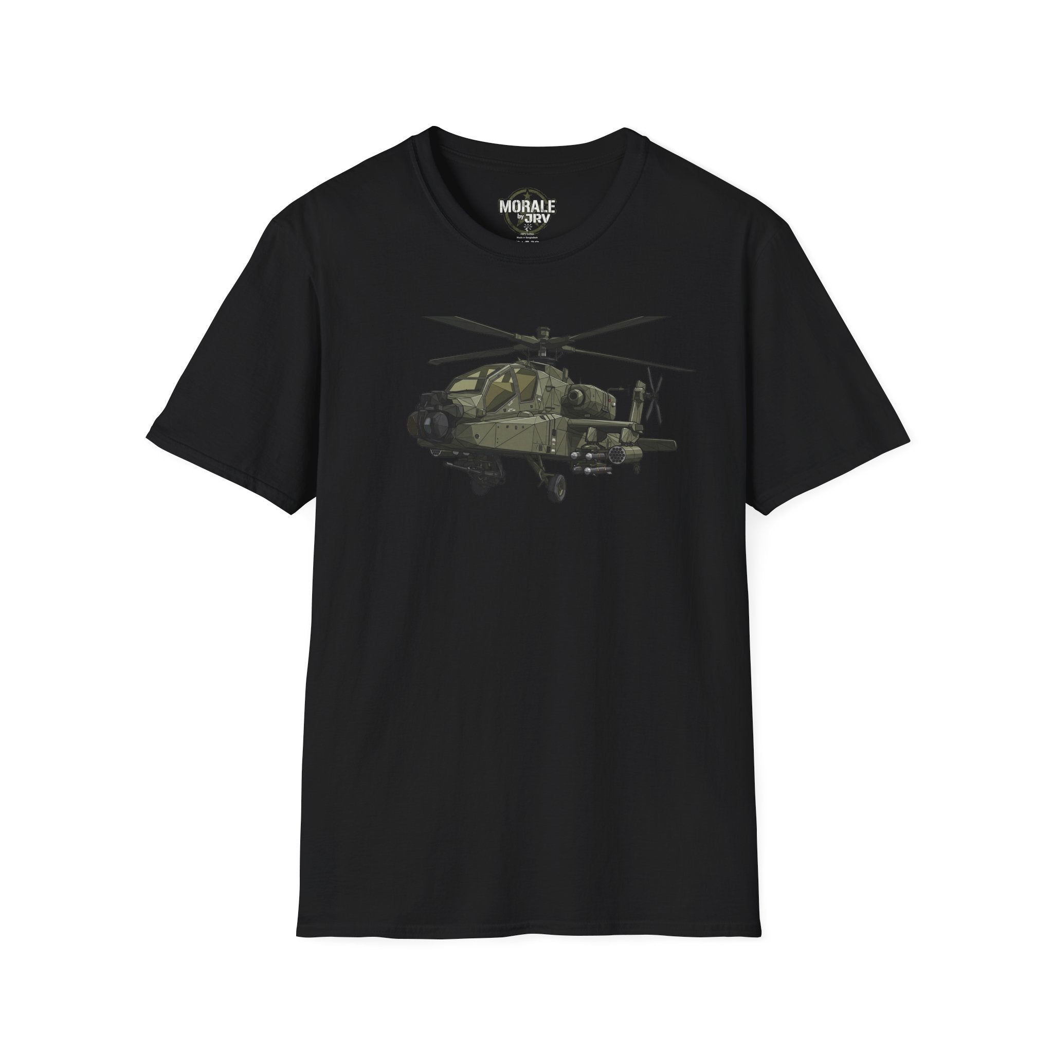 AH-64 Apache T-Shirt in black with front helicopter graphic