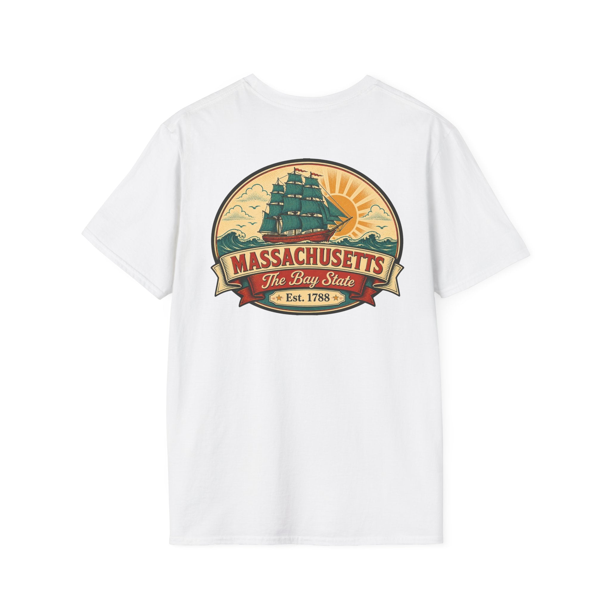 White Massachusetts T-shirt with circular Bay State logo graphic on front