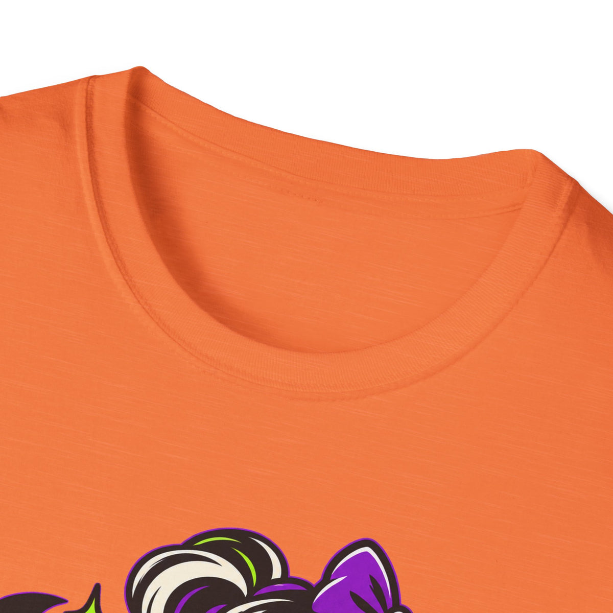 Orange Halloween monster graphic T-shirt, close-up of crew neck and partial Ghoul design