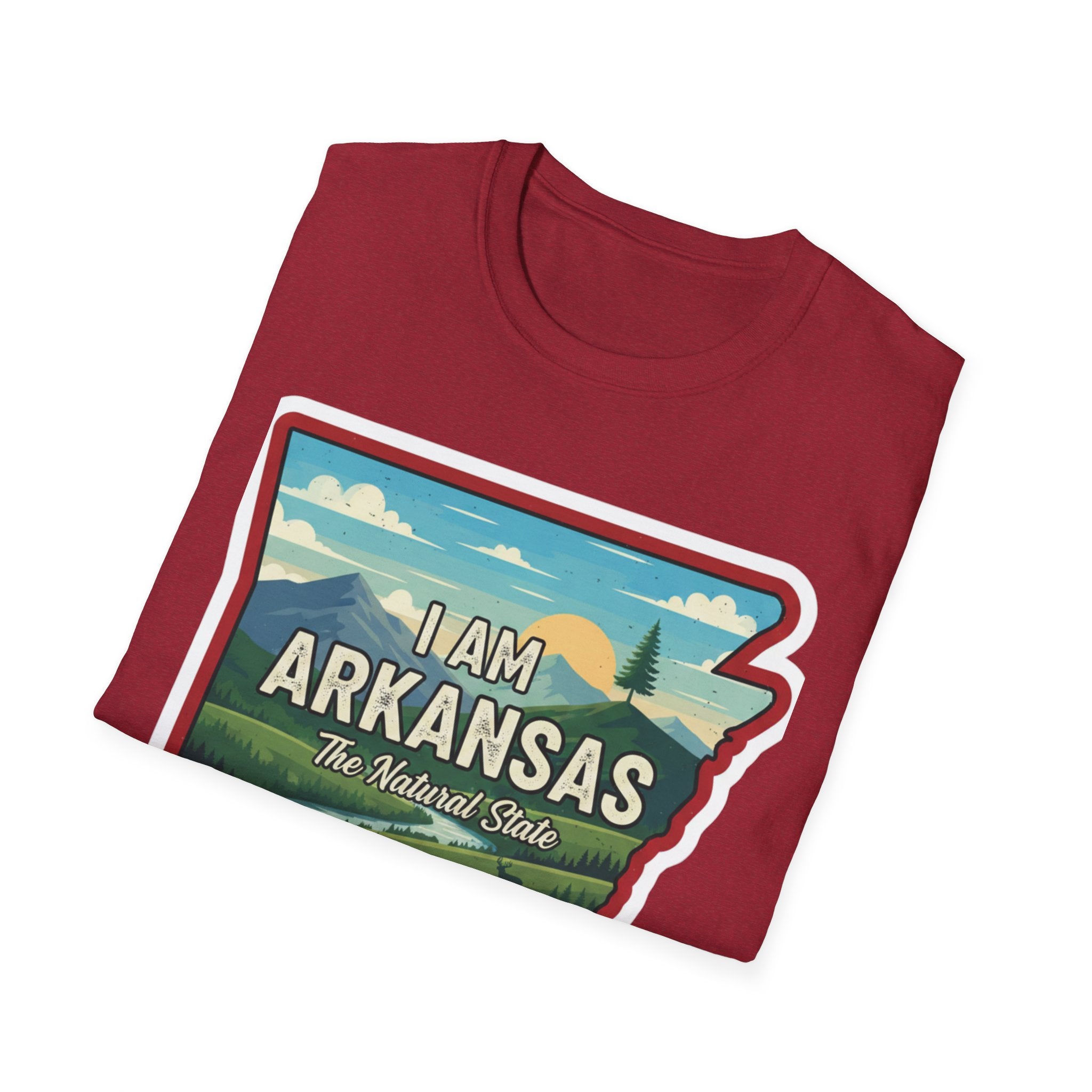 I Am Arkansas T-shirt in heather red, landscape state outline “The Natural State” text