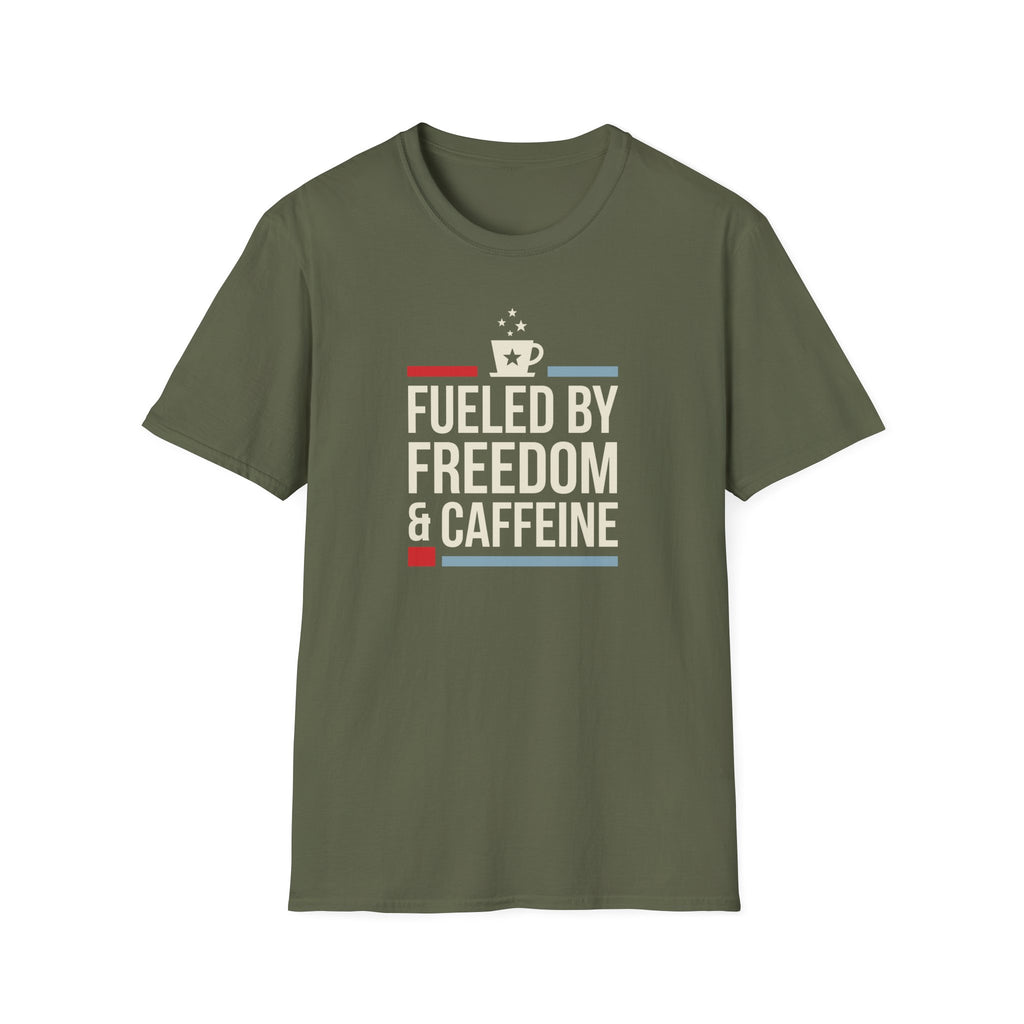 Olive green T-shirt with front print: “Fuelled by Freedom & Caffeine” and coffee cup icon