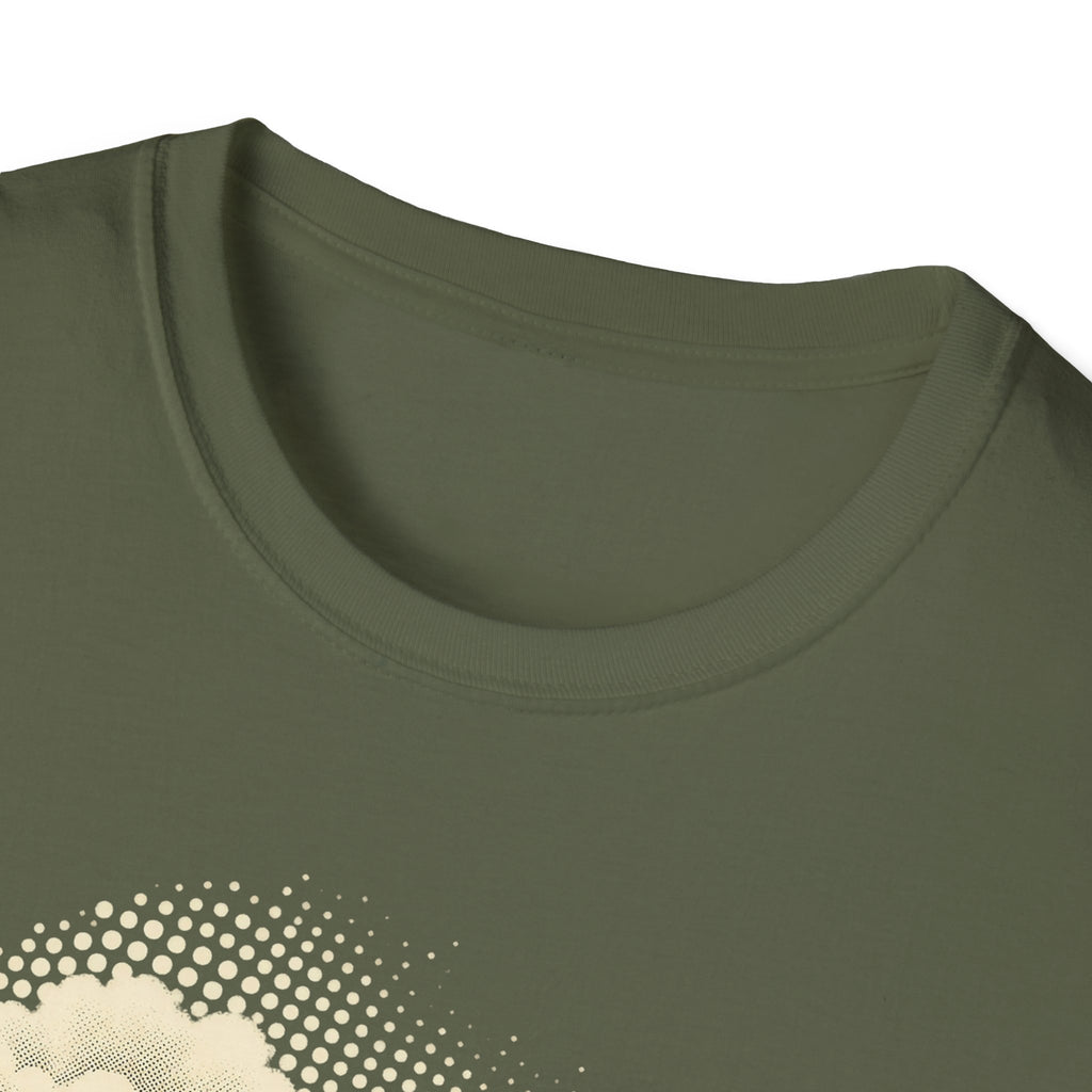 Military green crew-neck T-shirt neckline with partial halftone dot graphic
