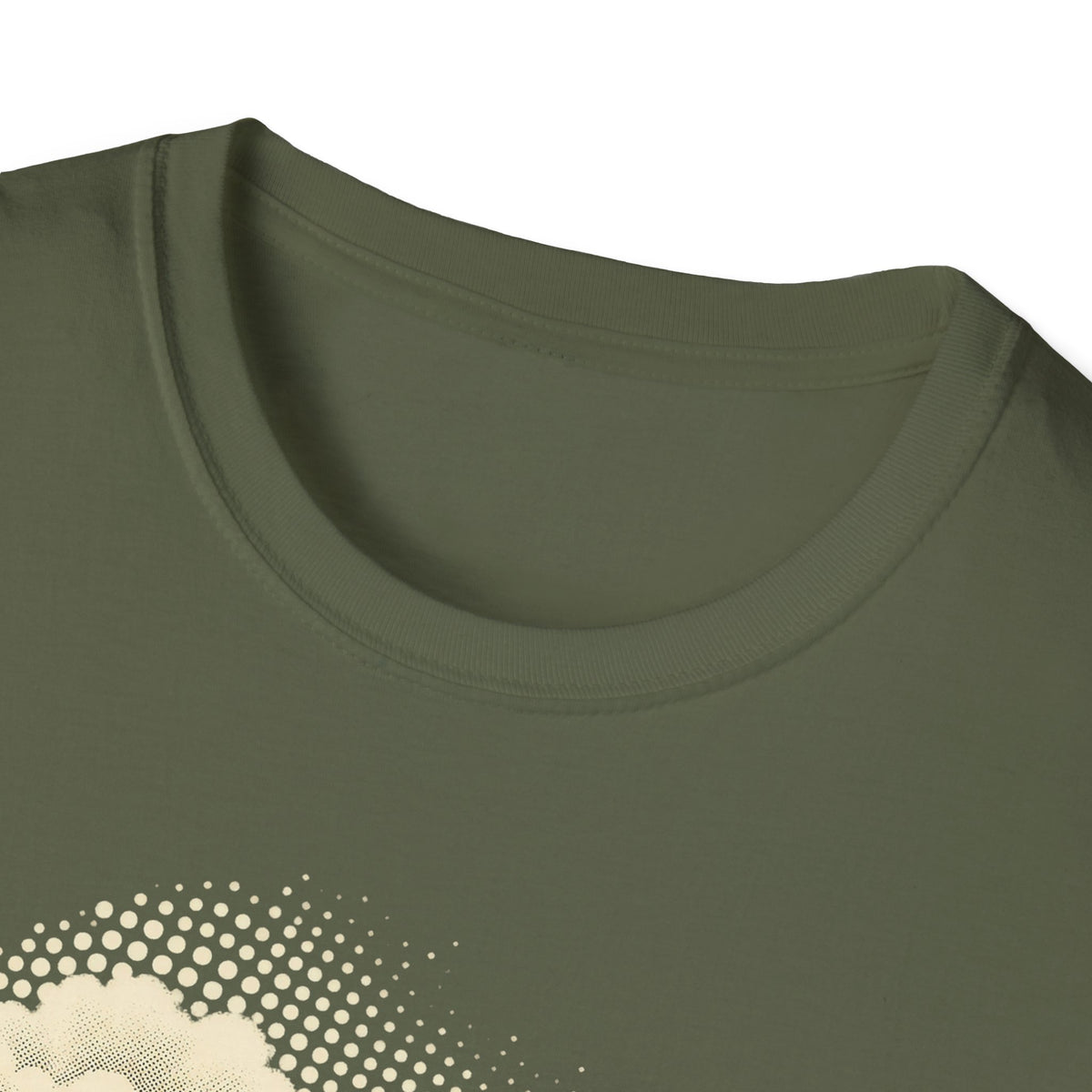 Military green crew-neck T-shirt neckline with partial halftone dot graphic