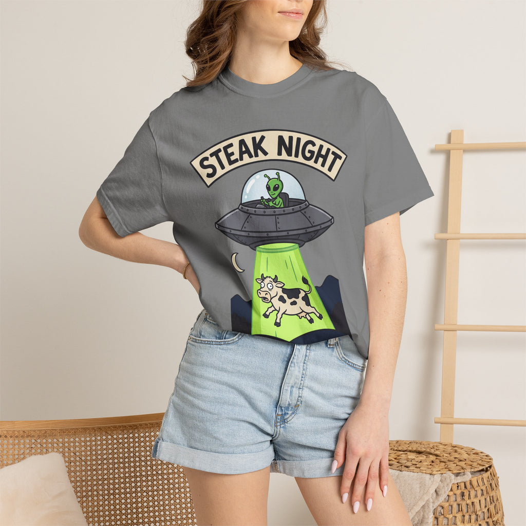 Dark gray T-shirt with 'Steak Night' UFO graphic, green alien and cow