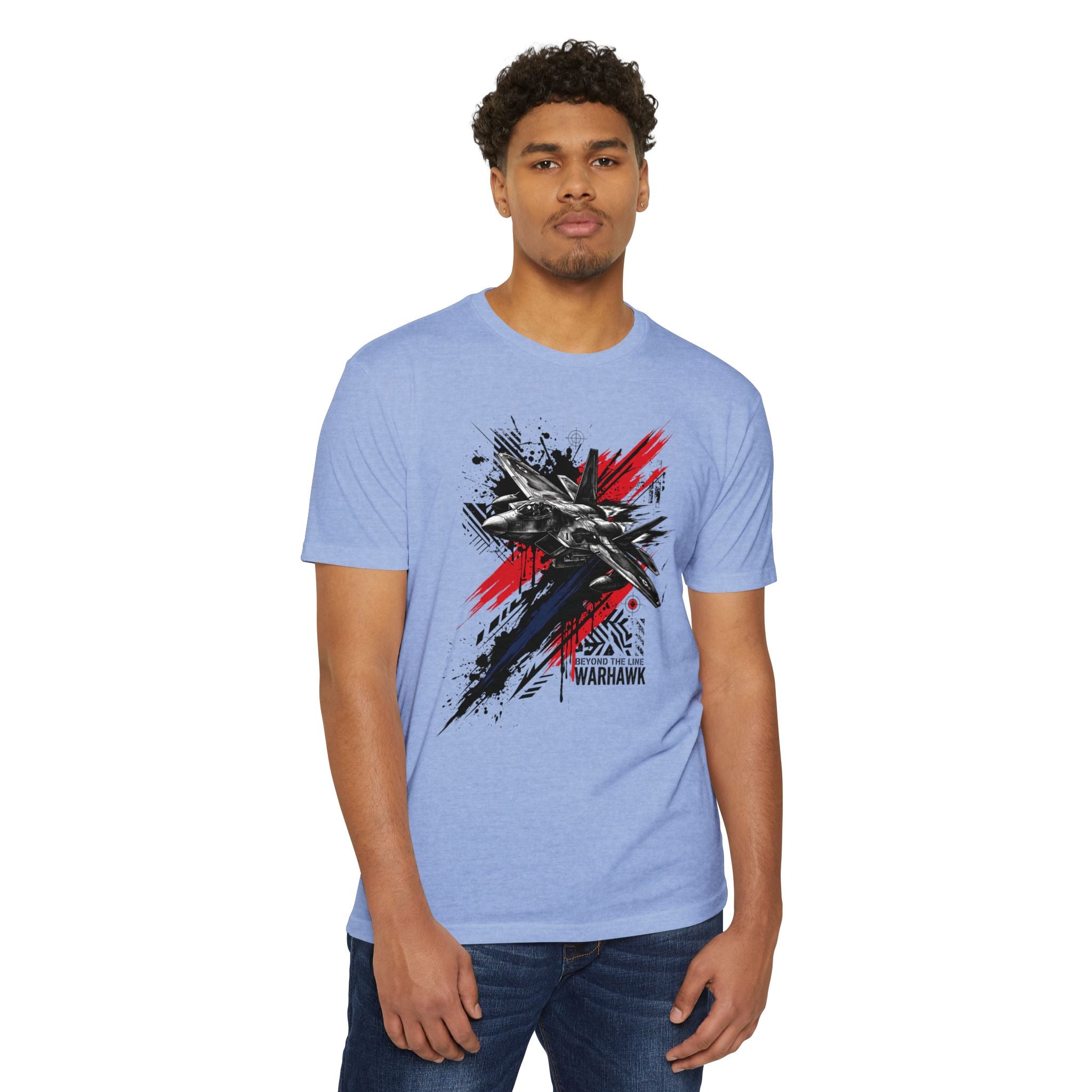 Light blue crewneck T-shirt with jet graphic and red/black splatter print.