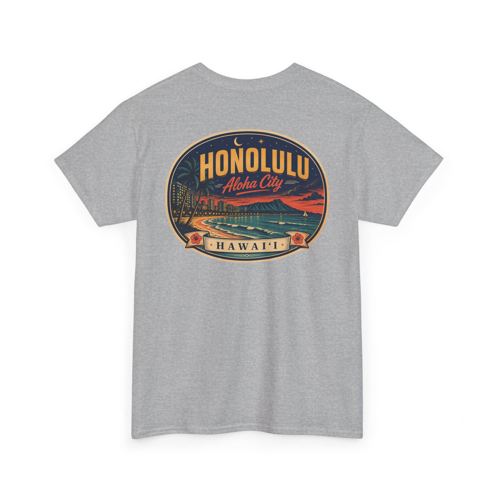 Heather grey T-shirt with circular HONOLULU Aloha City graphic on front