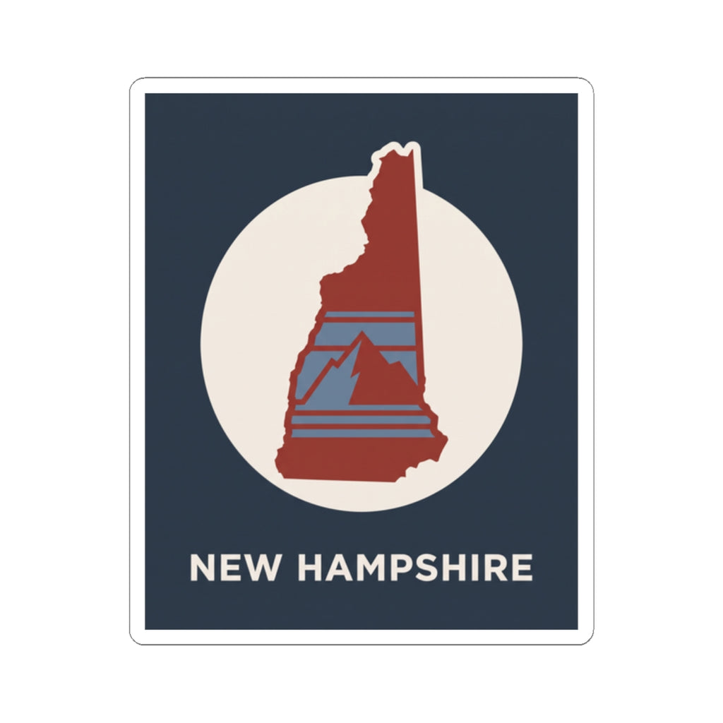 New Hampshire state silhouette kiss-cut sticker with red outline and blue interior lines on navy