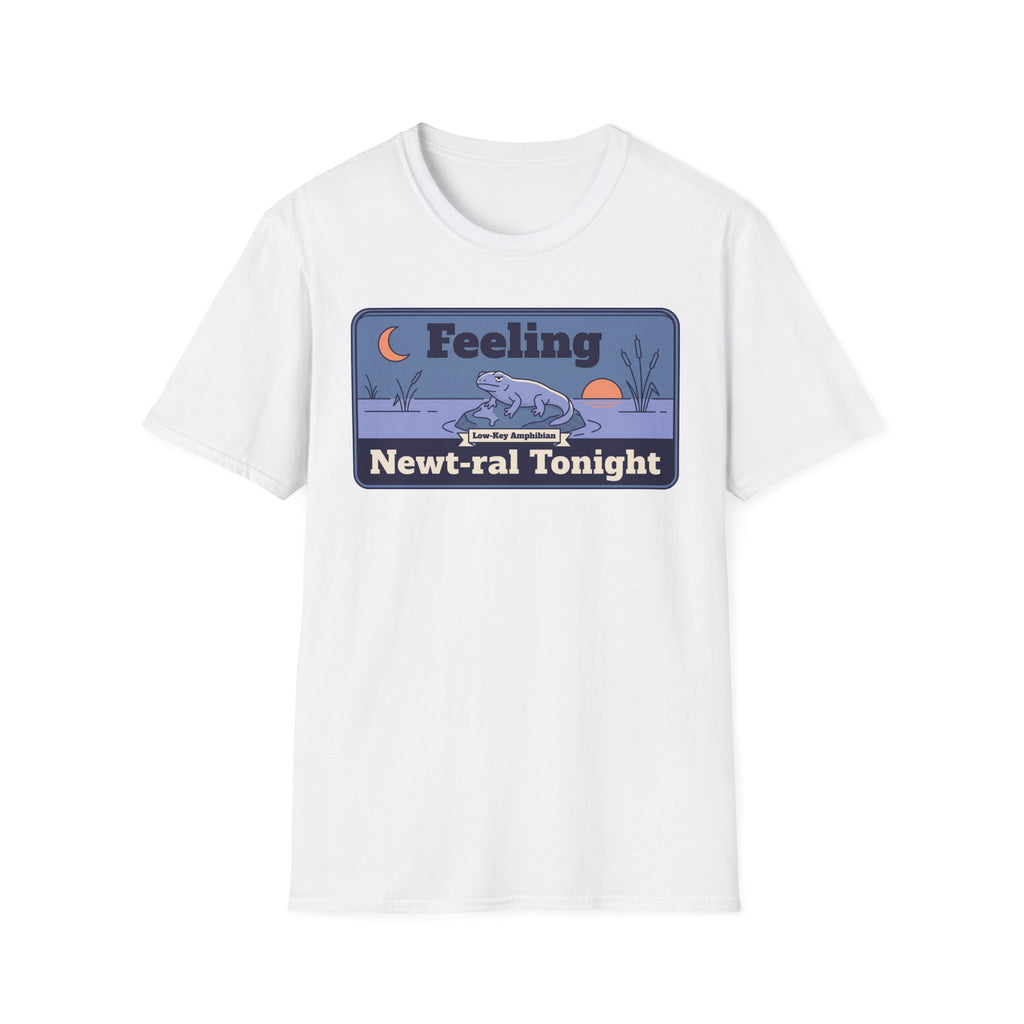 White unisex t-shirt with rectangular newt graphic and “Newt-ral Tonight” lettering