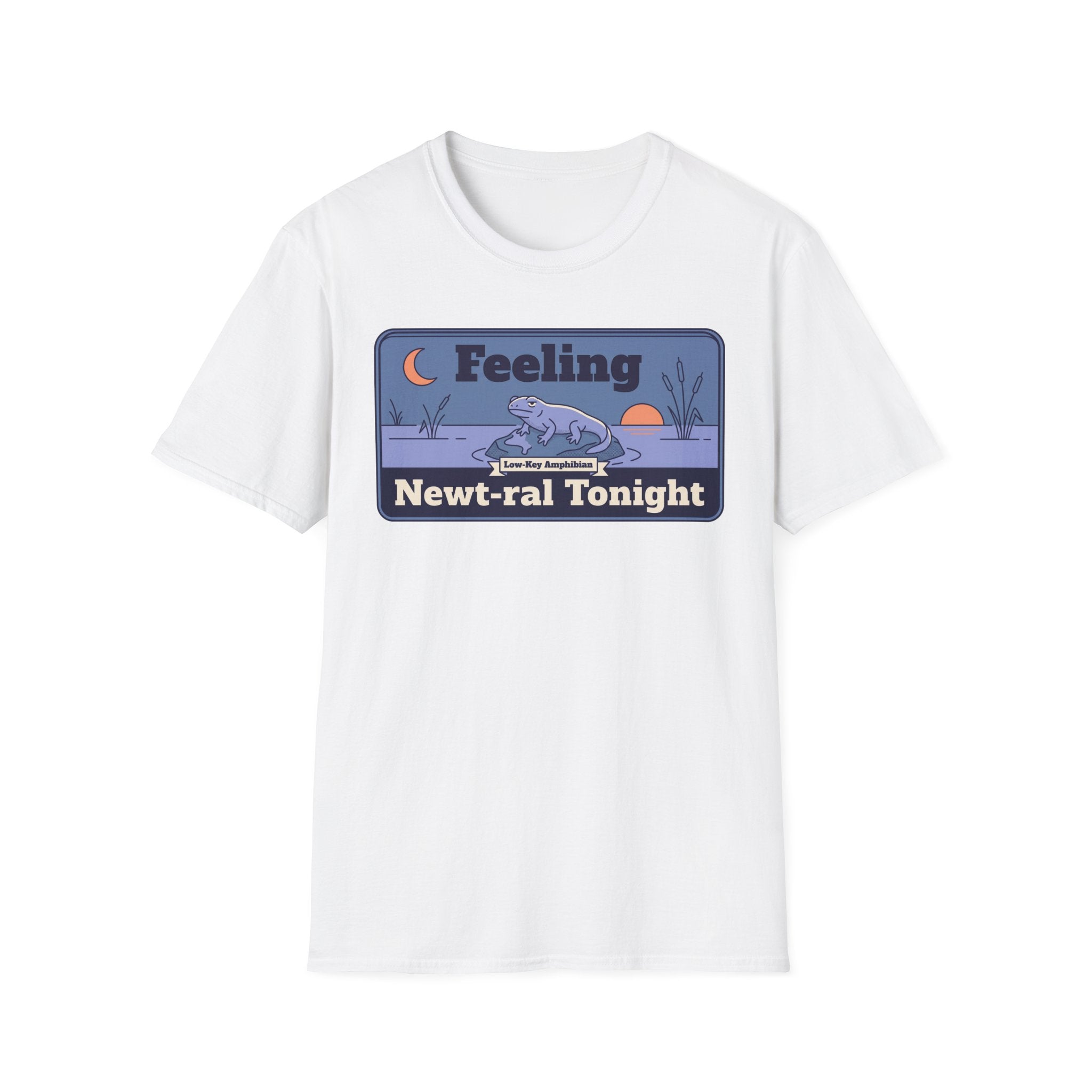 White unisex t-shirt with rectangular newt graphic and “Newt-ral Tonight” lettering