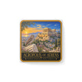 Square white porcelain magnet with colorful Acropolis illustration and owl graphic