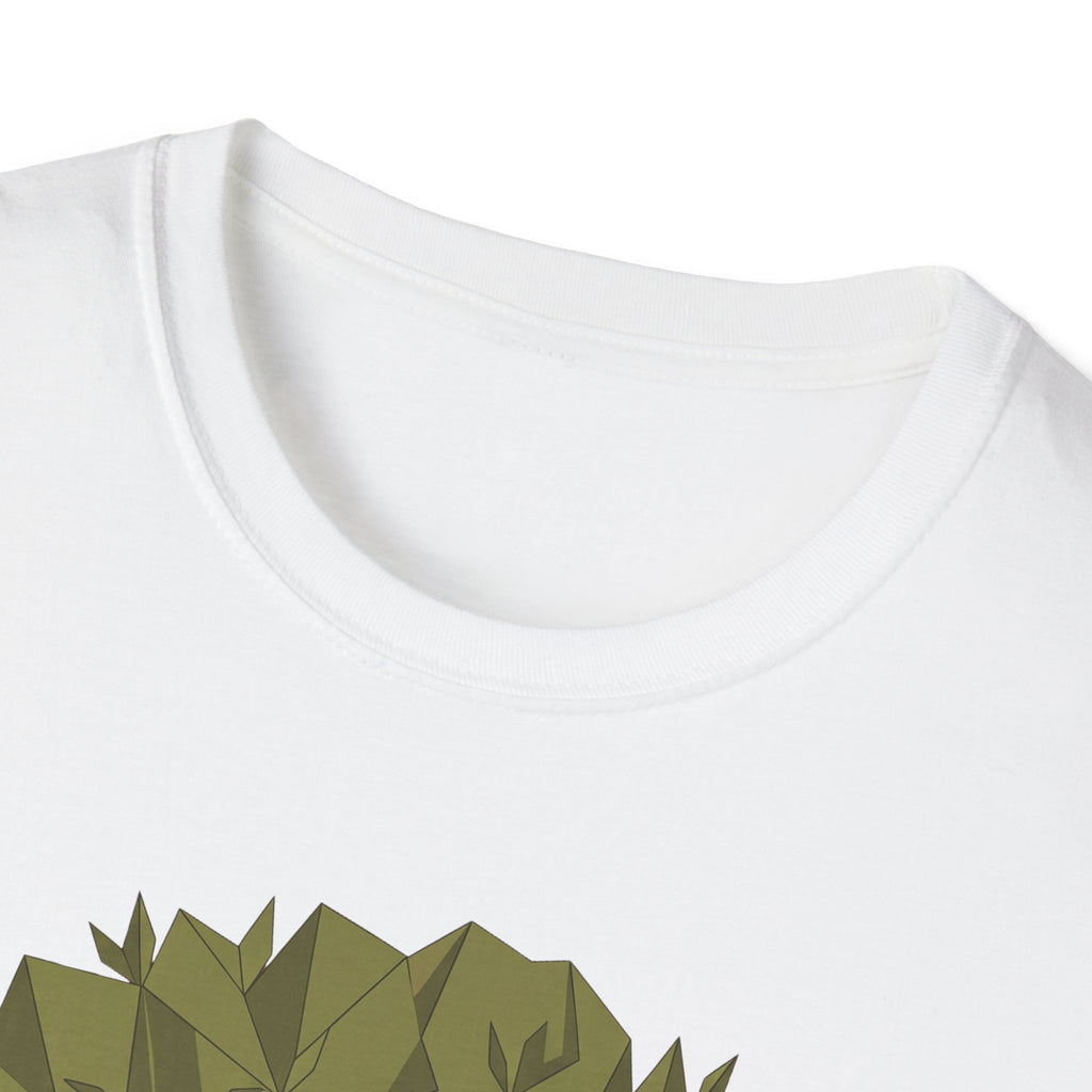 Twisted Olive Tree T-Shirt (white) close-up of crew collar with partial olive tree graphic
