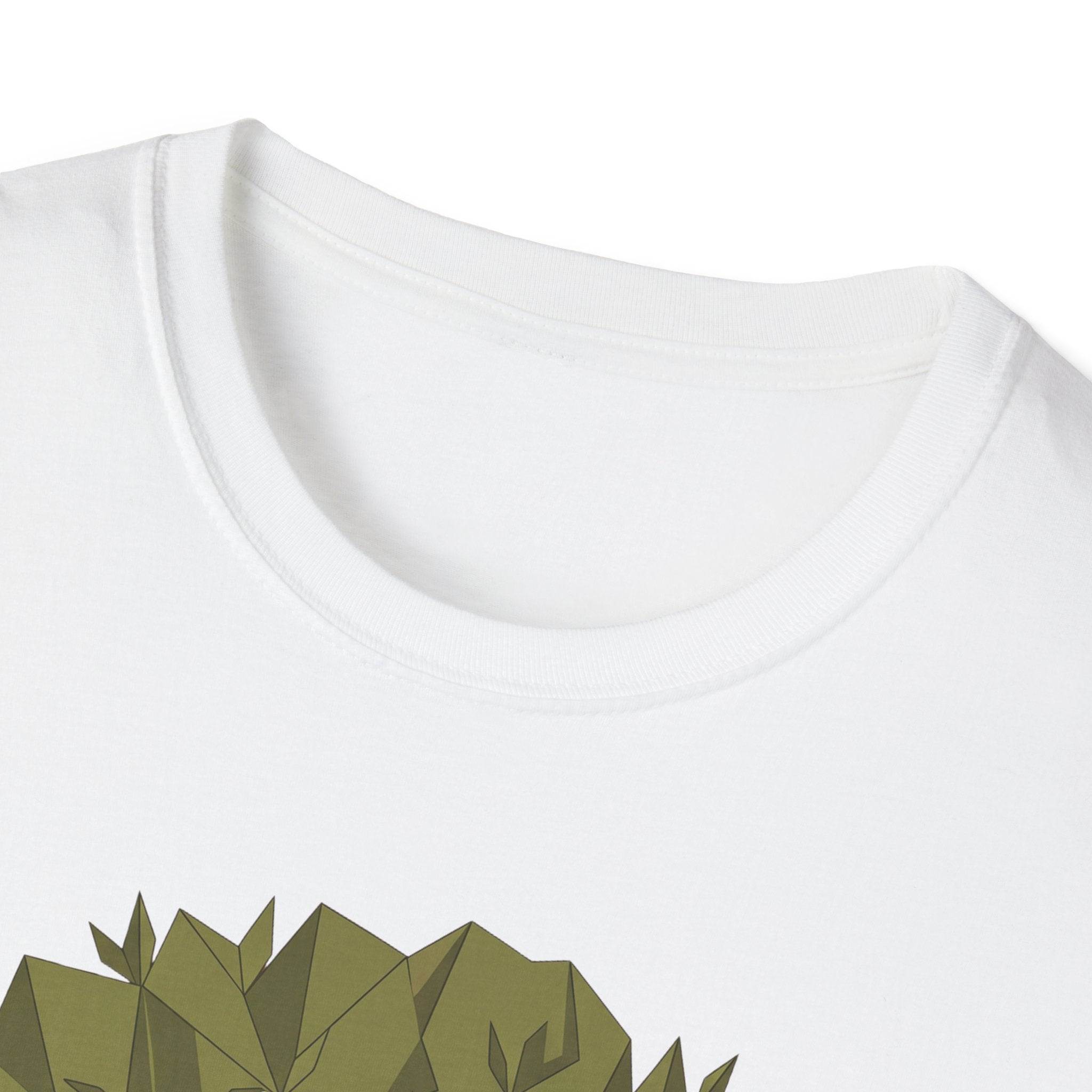 Twisted Olive Tree T-Shirt (white) close-up of crew collar with partial olive tree graphic