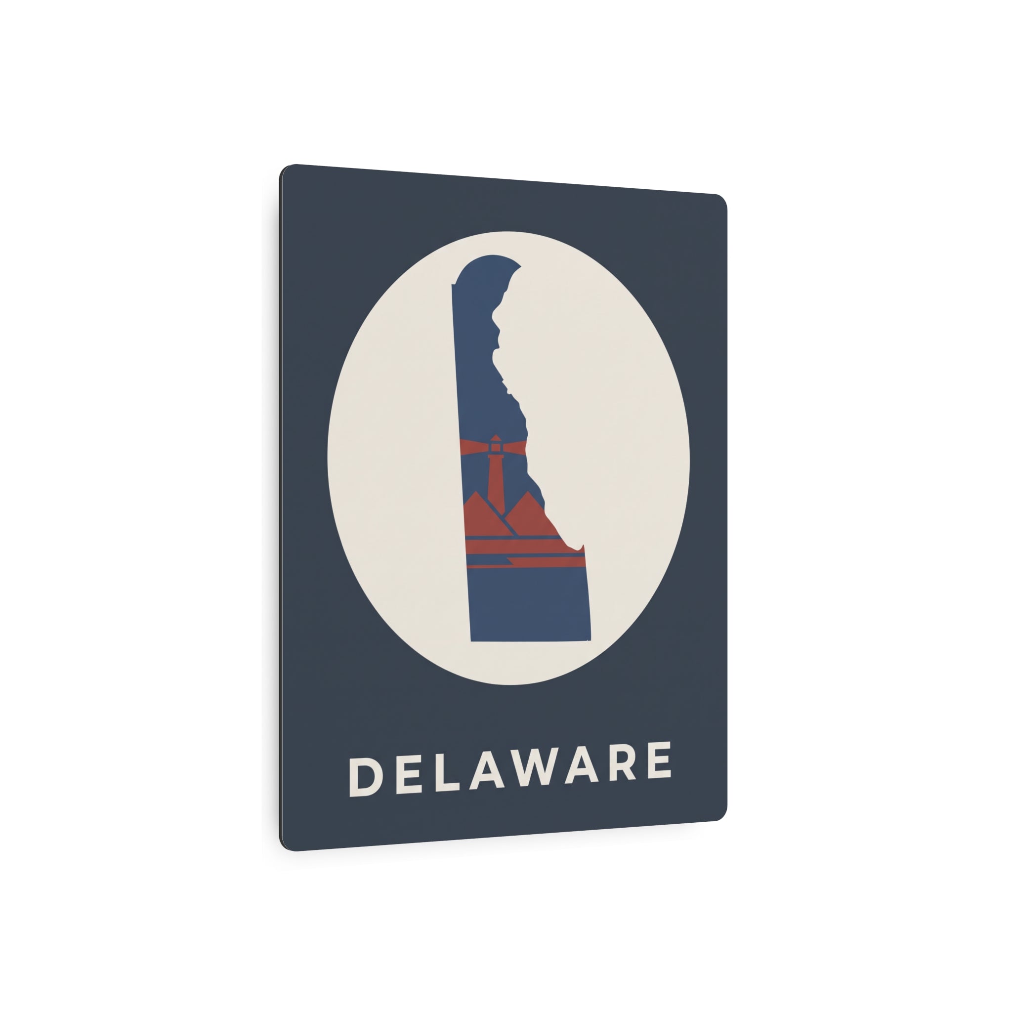 Delaware metal state map art sign, circular silhouette with red stripes and “DELAWARE”