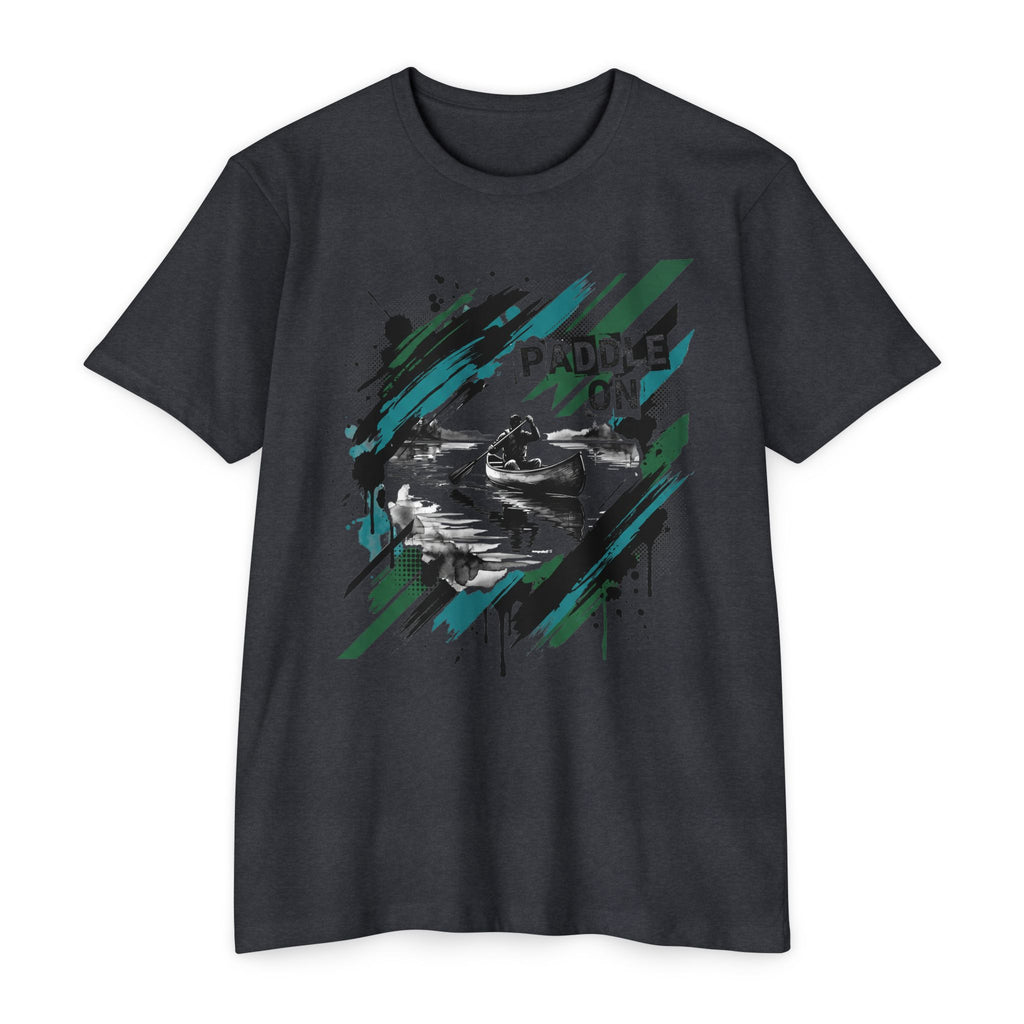 Charcoal short-sleeve T-shirt with “PADDLE ON” kayak graphic on the front