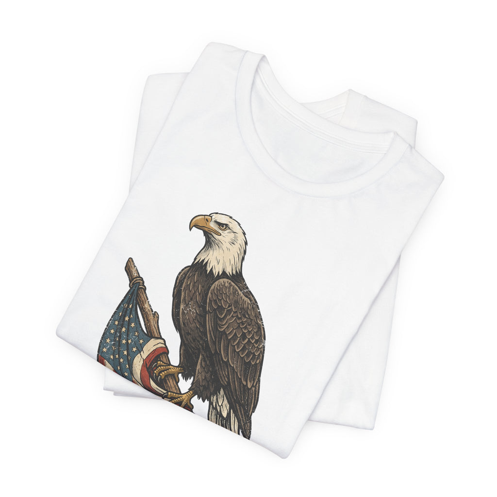 White crewneck t-shirt with vintage eagle and American flag graphic on front