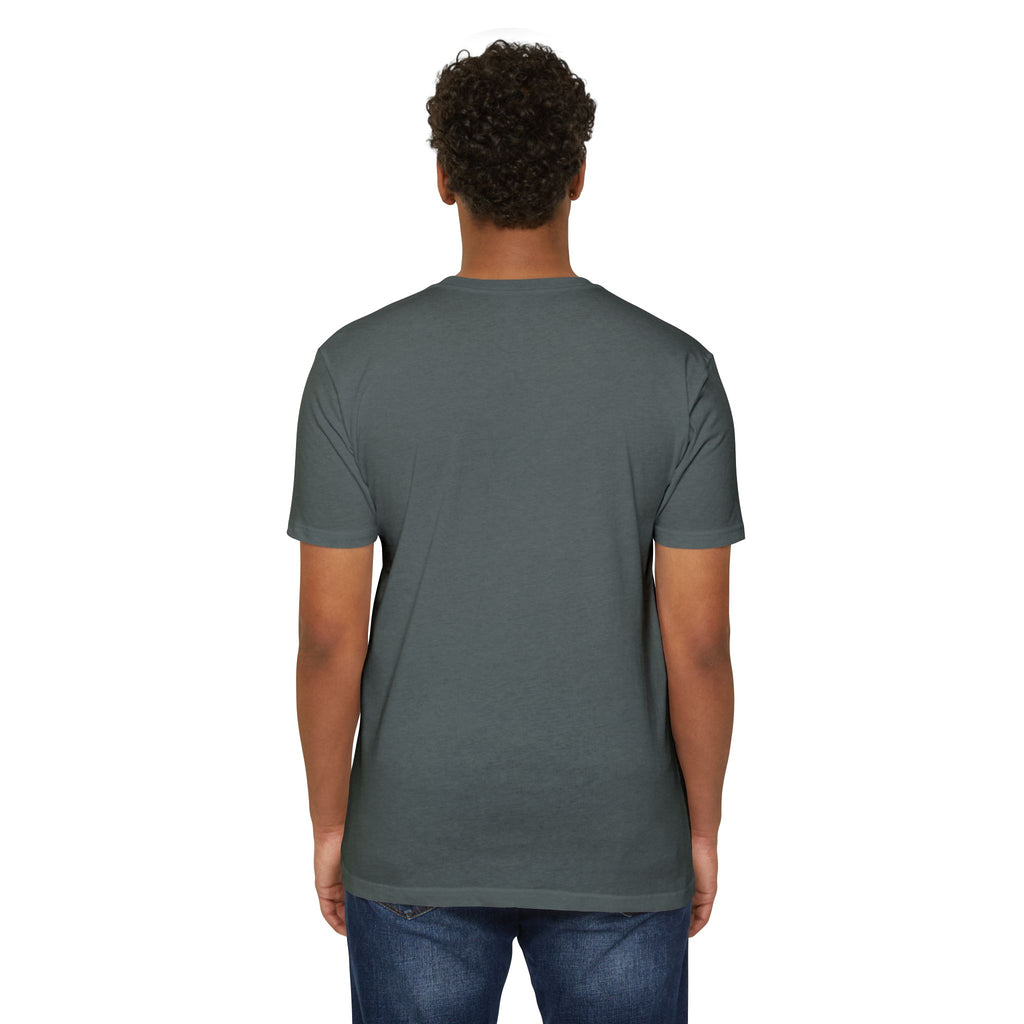 Charcoal crewneck T-shirt with short sleeves, plain back view.