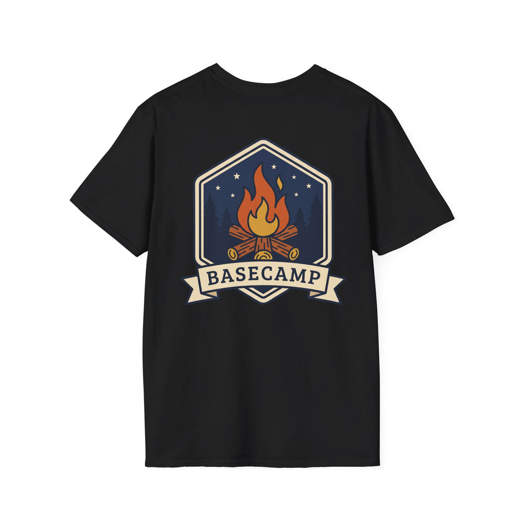 Black T-shirt with campfire badge graphic featuring a flame and ribbon banner
