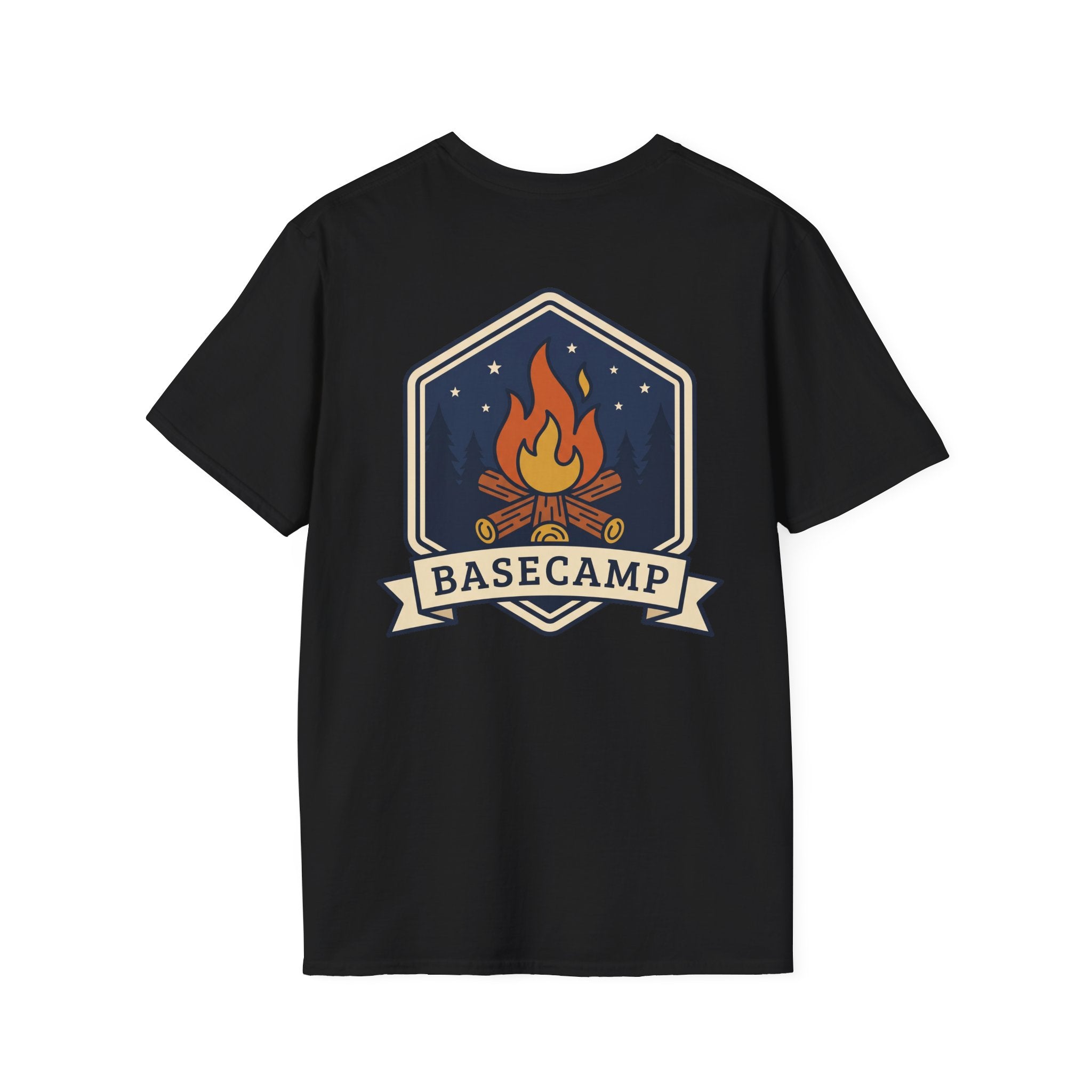 Black T-shirt with campfire badge graphic featuring a flame and ribbon banner