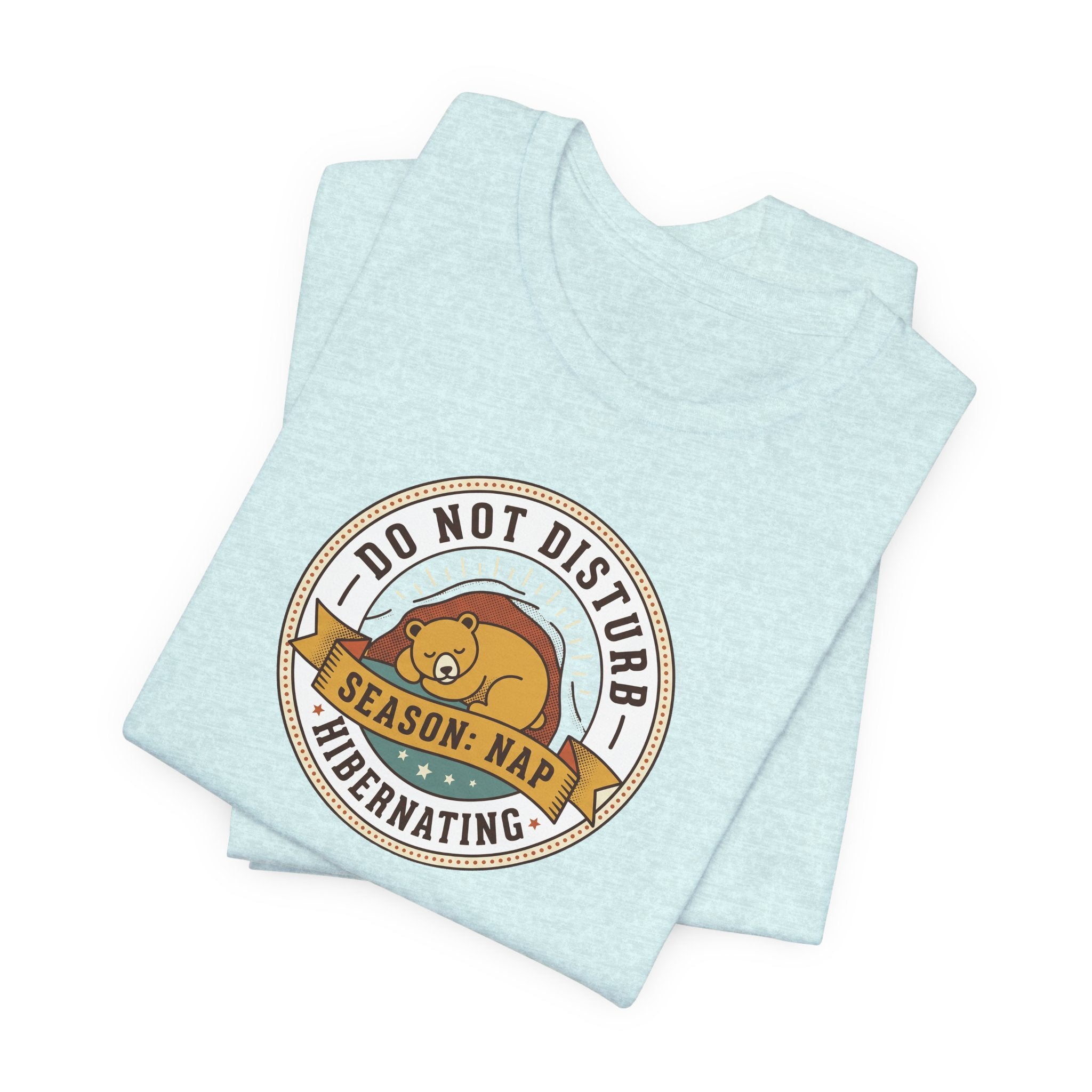 Do Not Disturb hibernating bear T-shirt, light blue heather with circular bear graphic