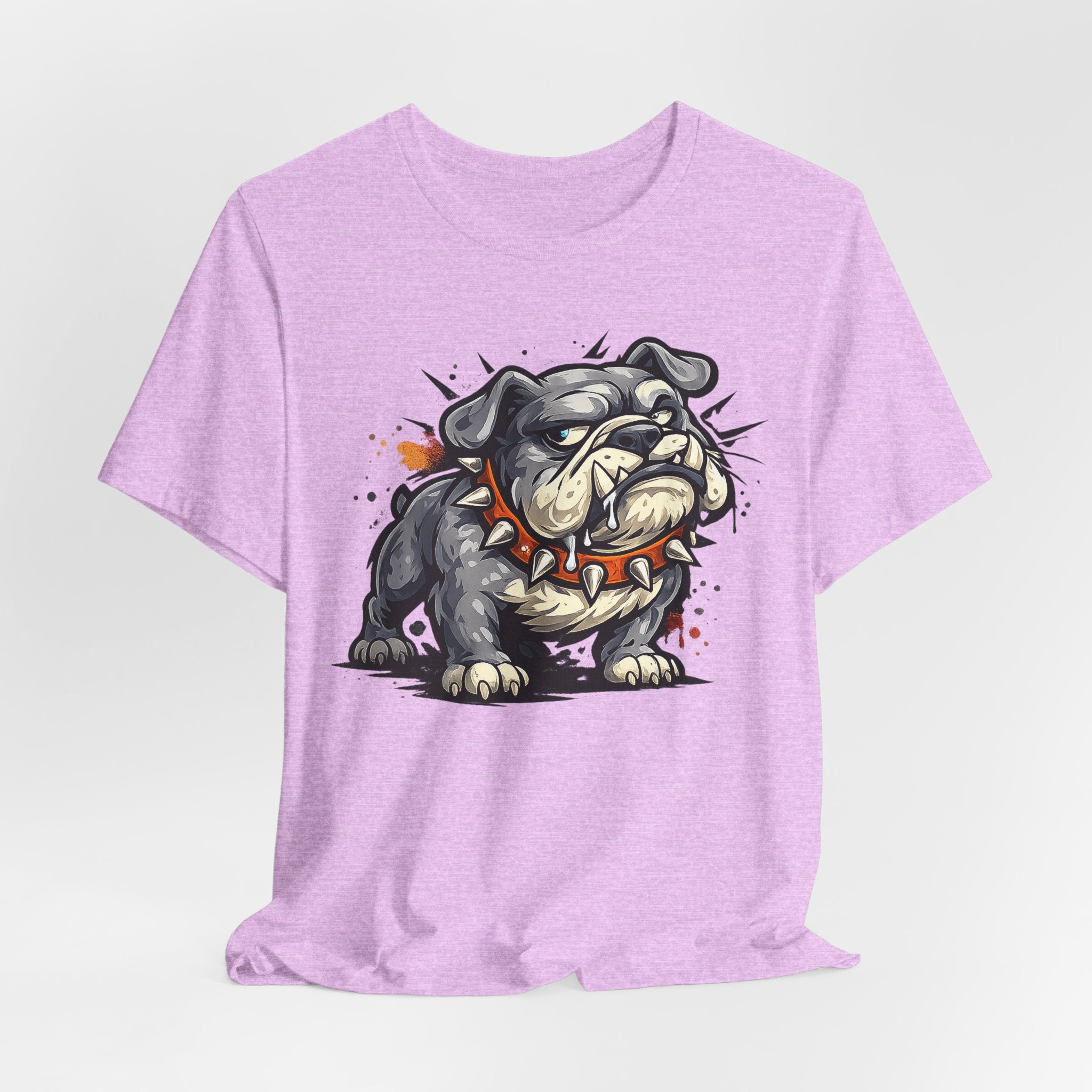 Lavender unisex t-shirt with centered fierce cartoon bulldog graphic
