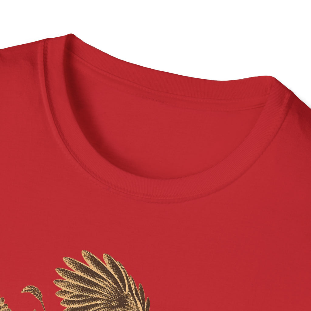 Red crew-neck T-shirt neckline close-up, short sleeves