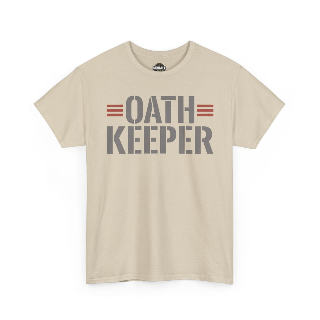 Sand T-shirt with “OATH KEEPER” front graphic and crew neck short sleeves.