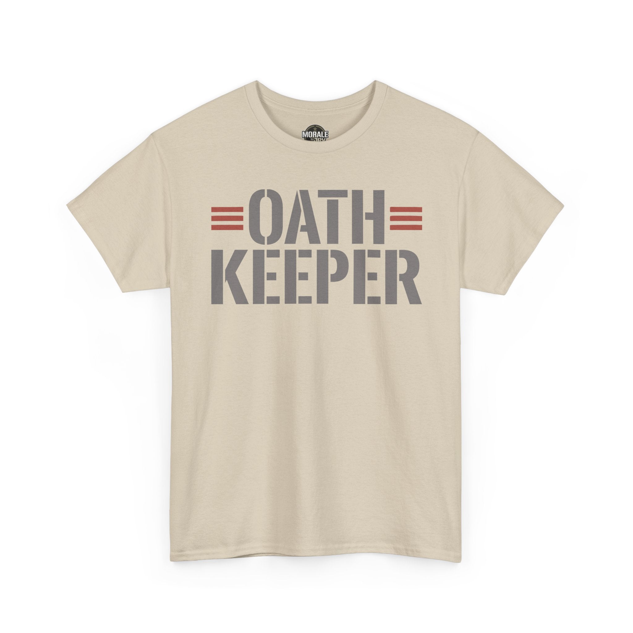 Sand T-shirt with “OATH KEEPER” front graphic and crew neck short sleeves.