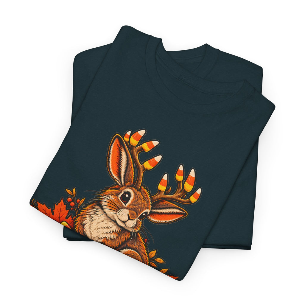 Dark teal crew-neck T-shirt with colorful jackalope face and antler graphic