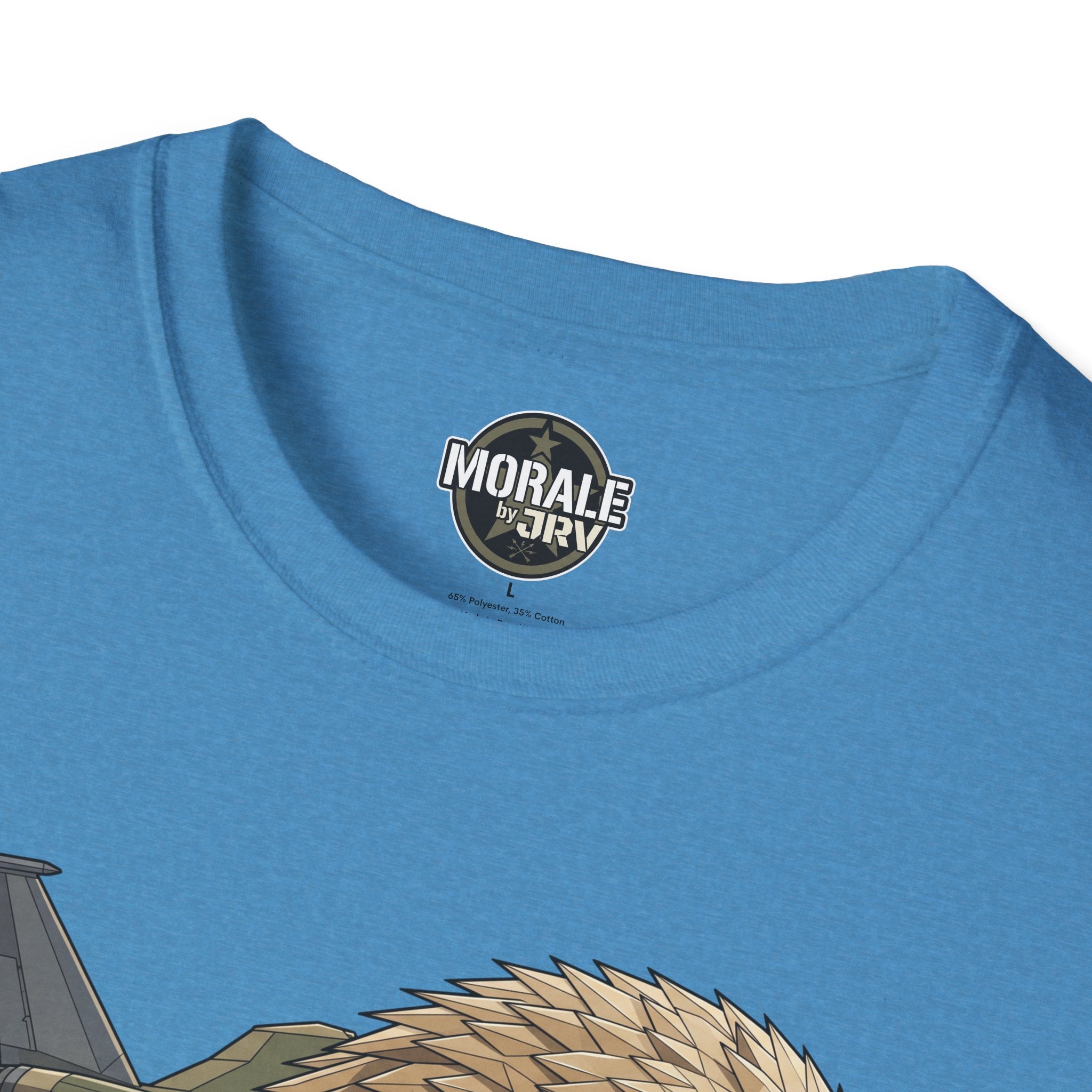 Light blue T-shirt close-up: “MORAL by JRI” chest logo with top of jet graphic