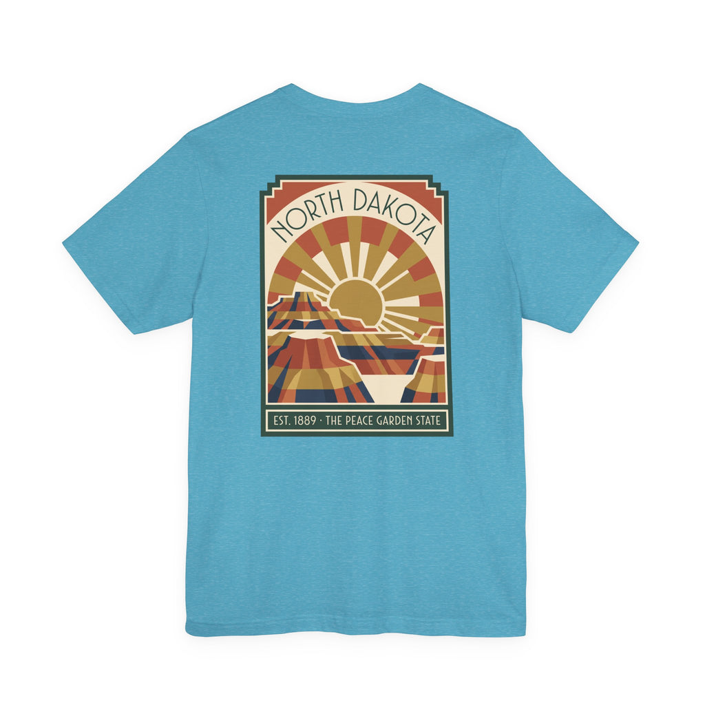 Aqua T-shirt with framed North Dakota sunburst graphic, EST. 1889